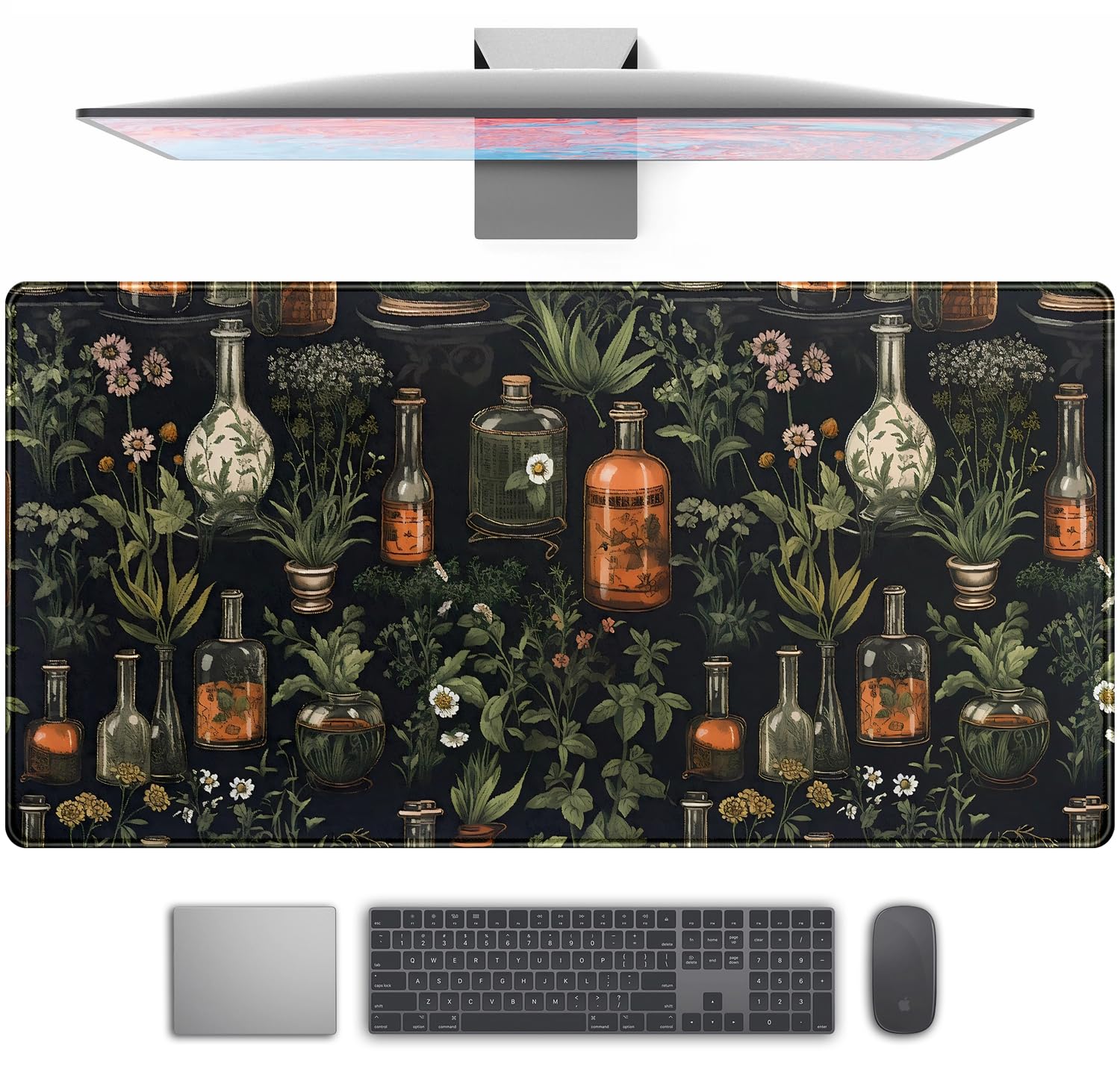 Black Aesthetics Desk Mat Mouse Pad Large Gaming Mouse Pad Desk Pad Mousepad, Mystical Green Plant