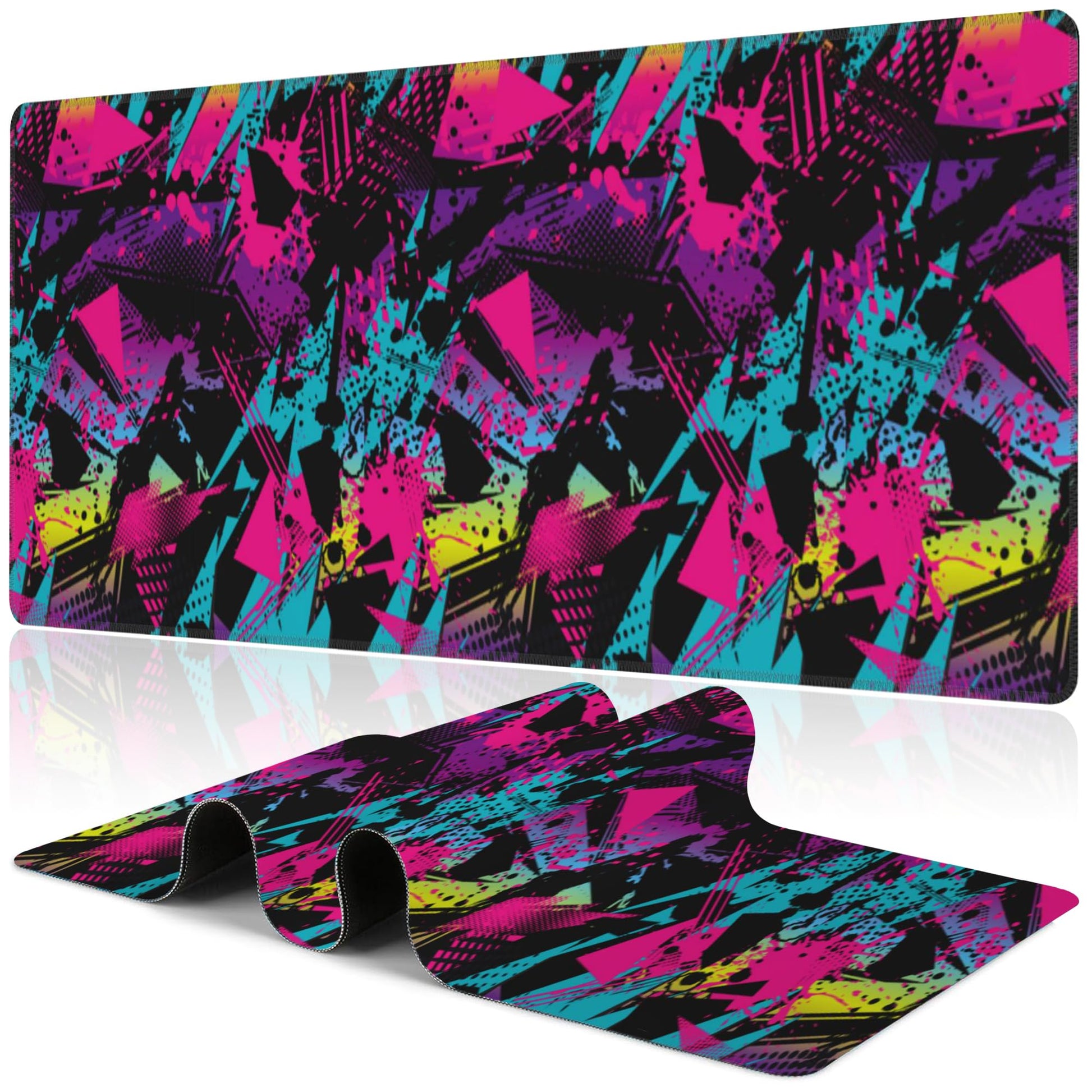 Abstract Grunge Elements Desk Mat,Large Neon Color Patterns Gaming Keyboard Mouse Pad,Non-Slip