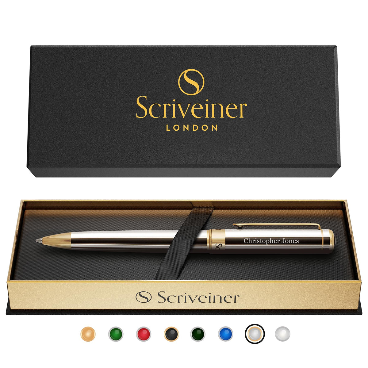 Scriveiner Personalized Silver Chrome Ballpoint Pen - Stunning Luxury Pen, Real Gold Plating