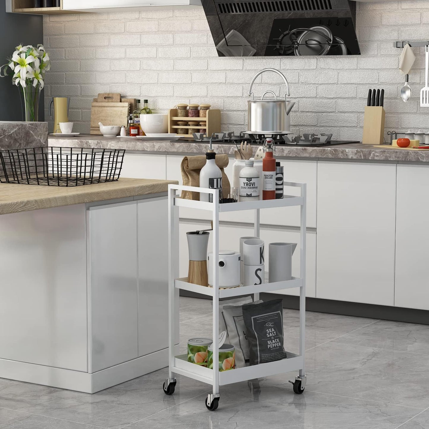 3-Tier Metal Utility Rolling Cart, Heavy Duty Multifunction Rectangular Cart with Lockable Casters