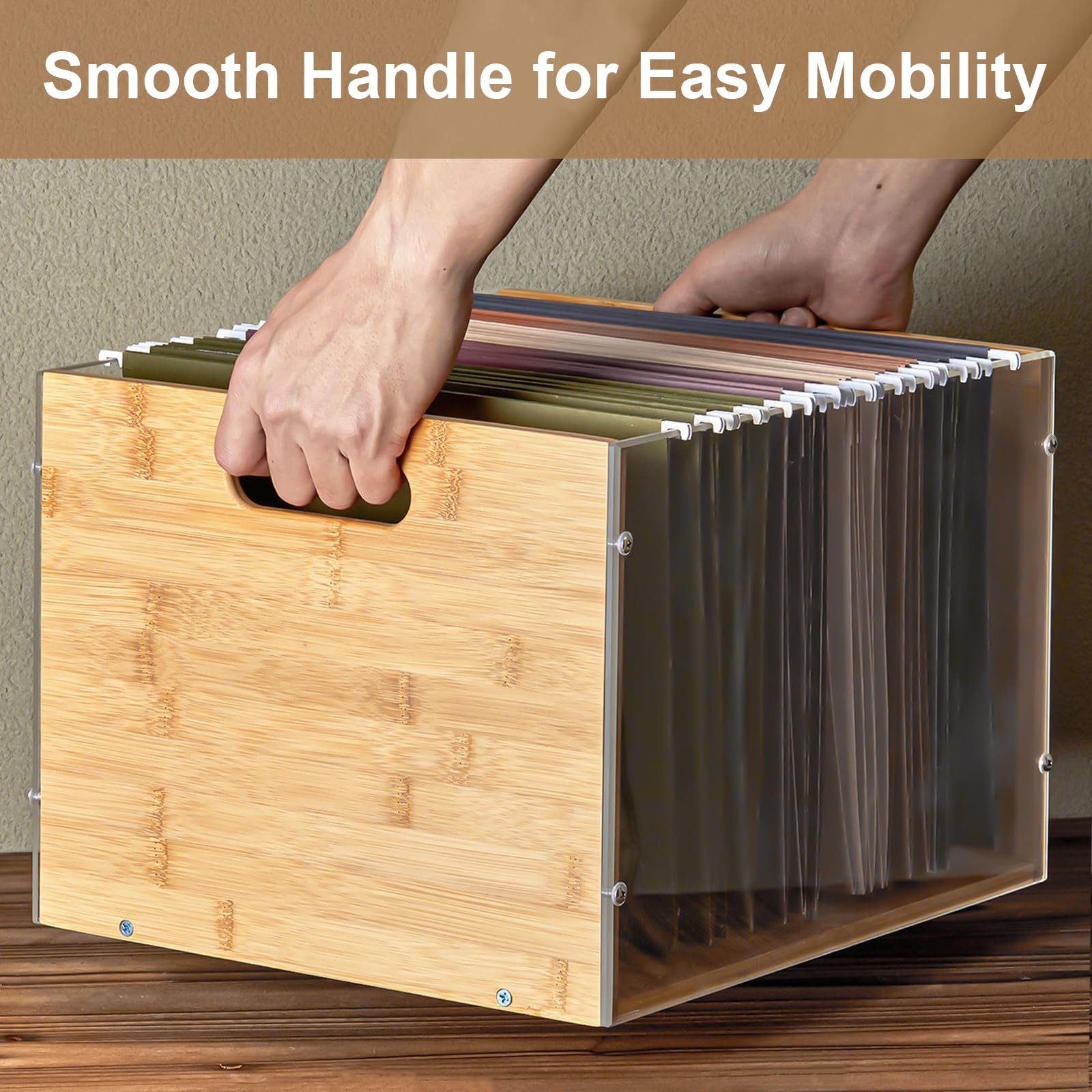 Sbanmao Clear Acrylic File Box Organizer, Bamboo Hanging Folder Storage Boxes, Filing Crate Bin