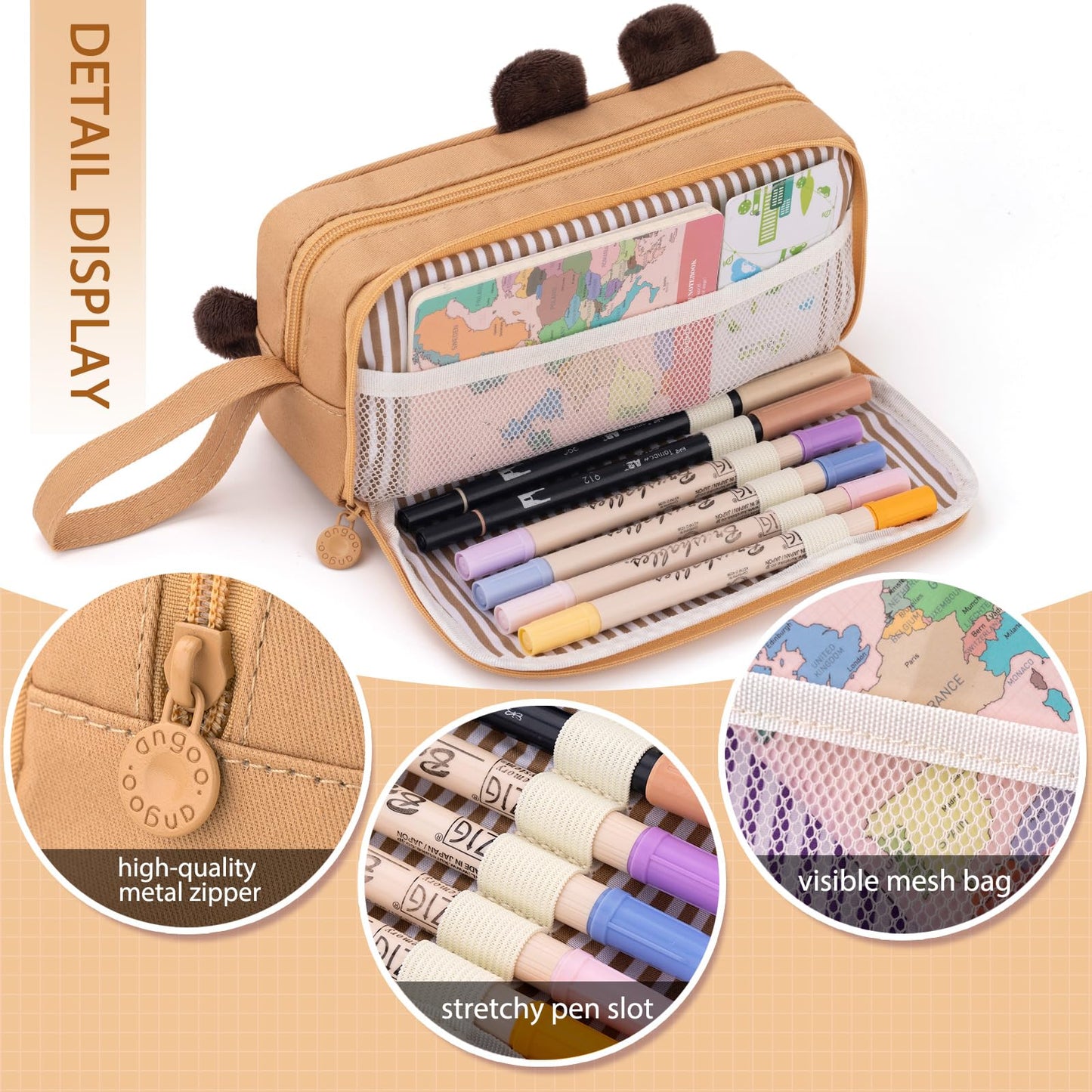 CICIMELON Cute Pencil Case, Large Capacity Pen Pouch, Capybara, Brown