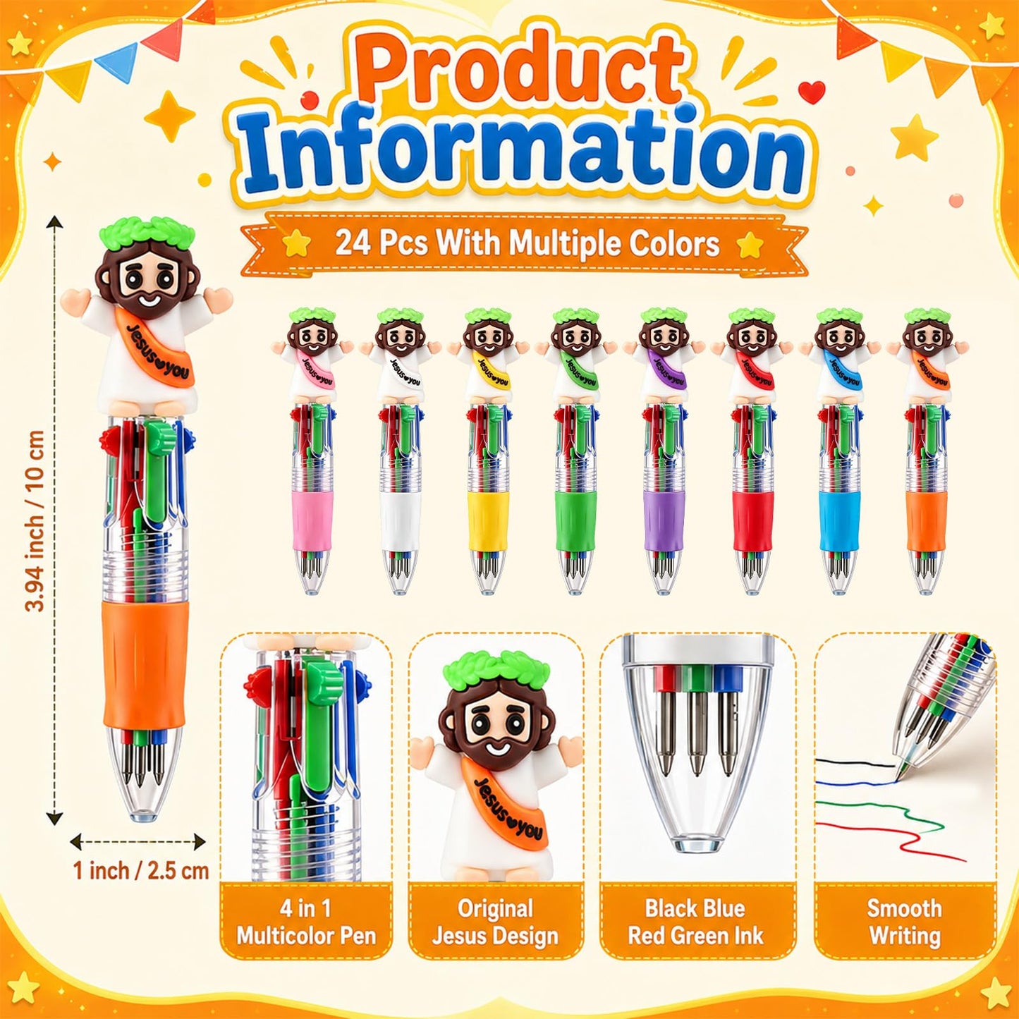 SZCECHRE 48 PCS Christian Jesus Pens 4 Color Multicolor Ballpoint Pens with Cute Jesus Design