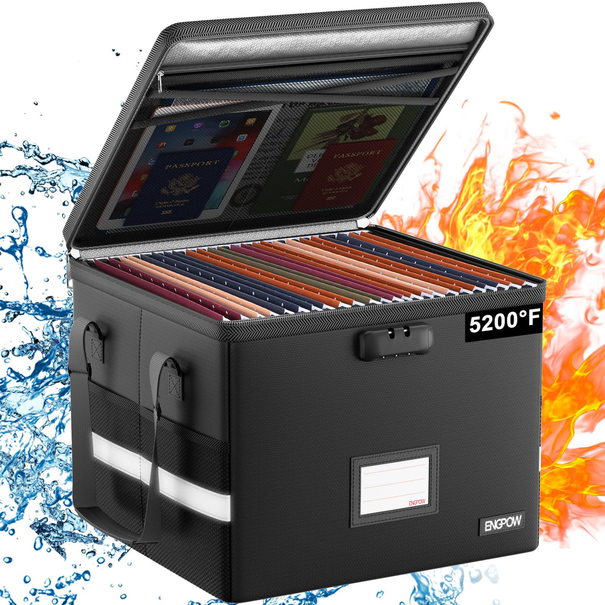 ENGPOW 5200°F Fireproof Document Box with Lock, Heat Insulated Collapsible File Storage Organizer
