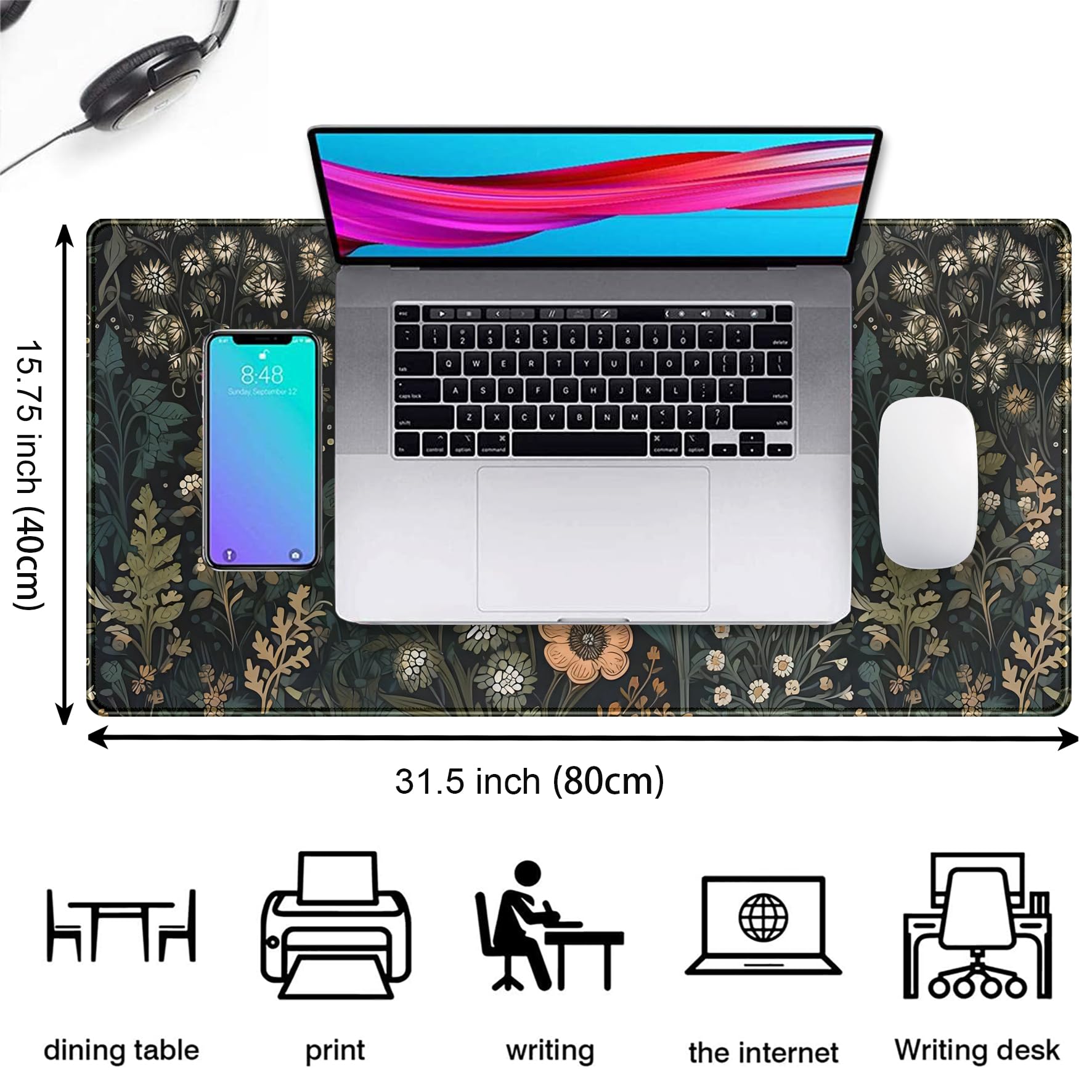 Dark Flower Desk Mat Floral Plants Mouse Pad, Aesthetic Wildflowers Large Gaming Mousepad Desk Pad