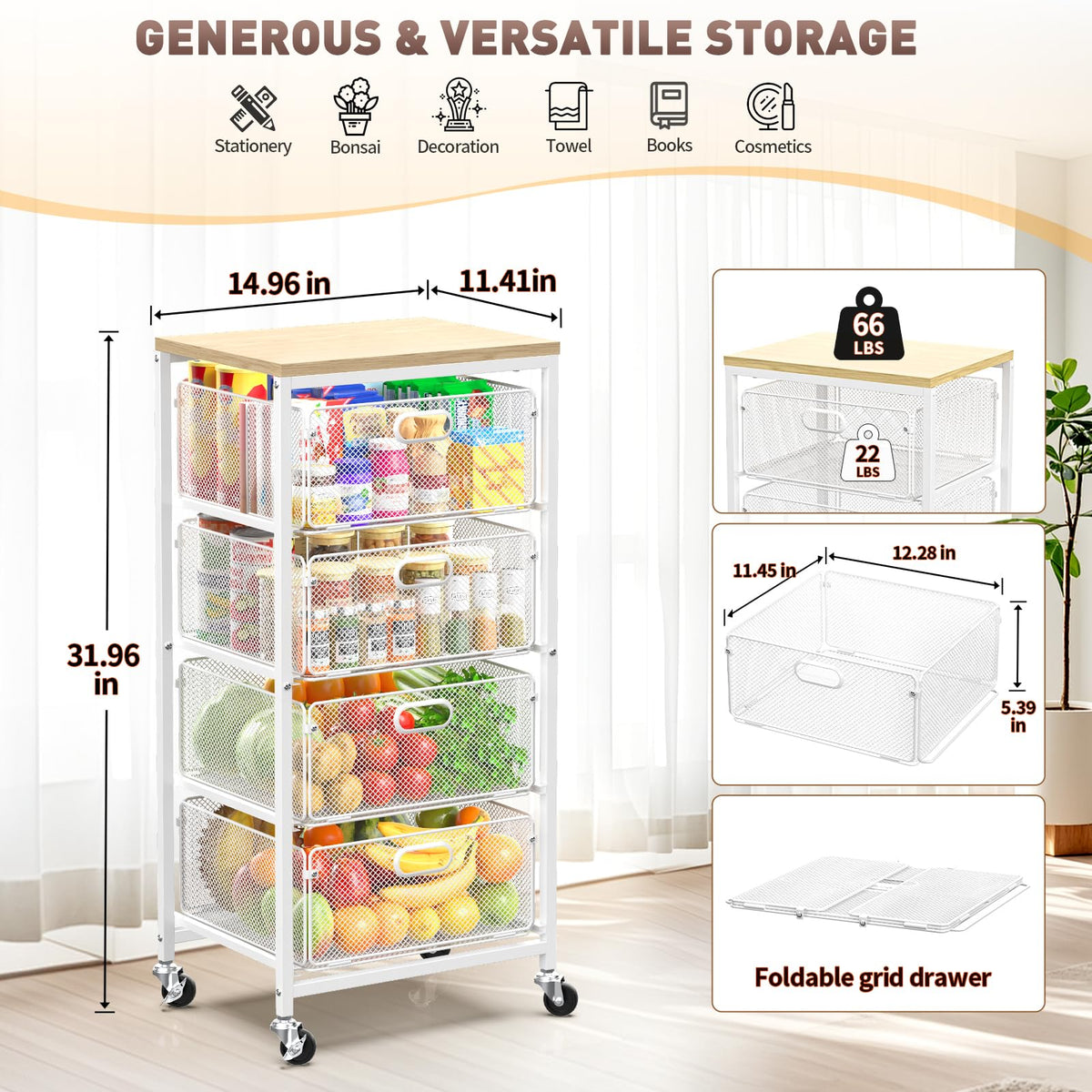 SUNALLY Kitchen Storage Cart with Drawers,Metal Snack Cart Organizer,White