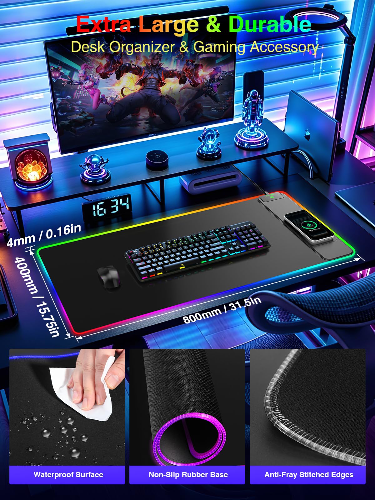 Wireless Charging Mouse Pad Gaming, 31.5"x15.8" Large Desk Mat, Waterproof