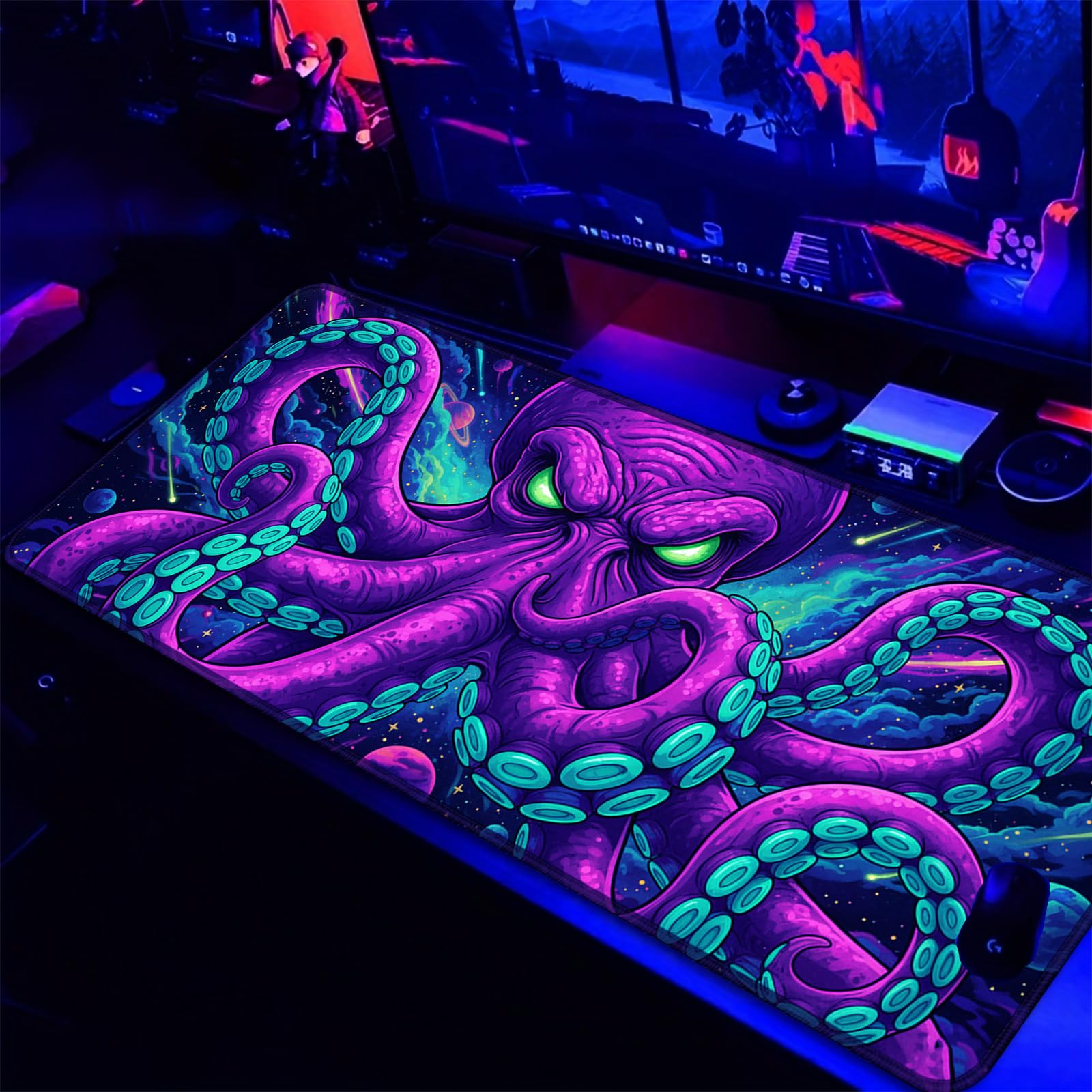 SparkLia Blacklight Octopus Mouse Pad – UV Reactive Neon Tentacle Galaxy Desk Mat, Glow in The Dark
