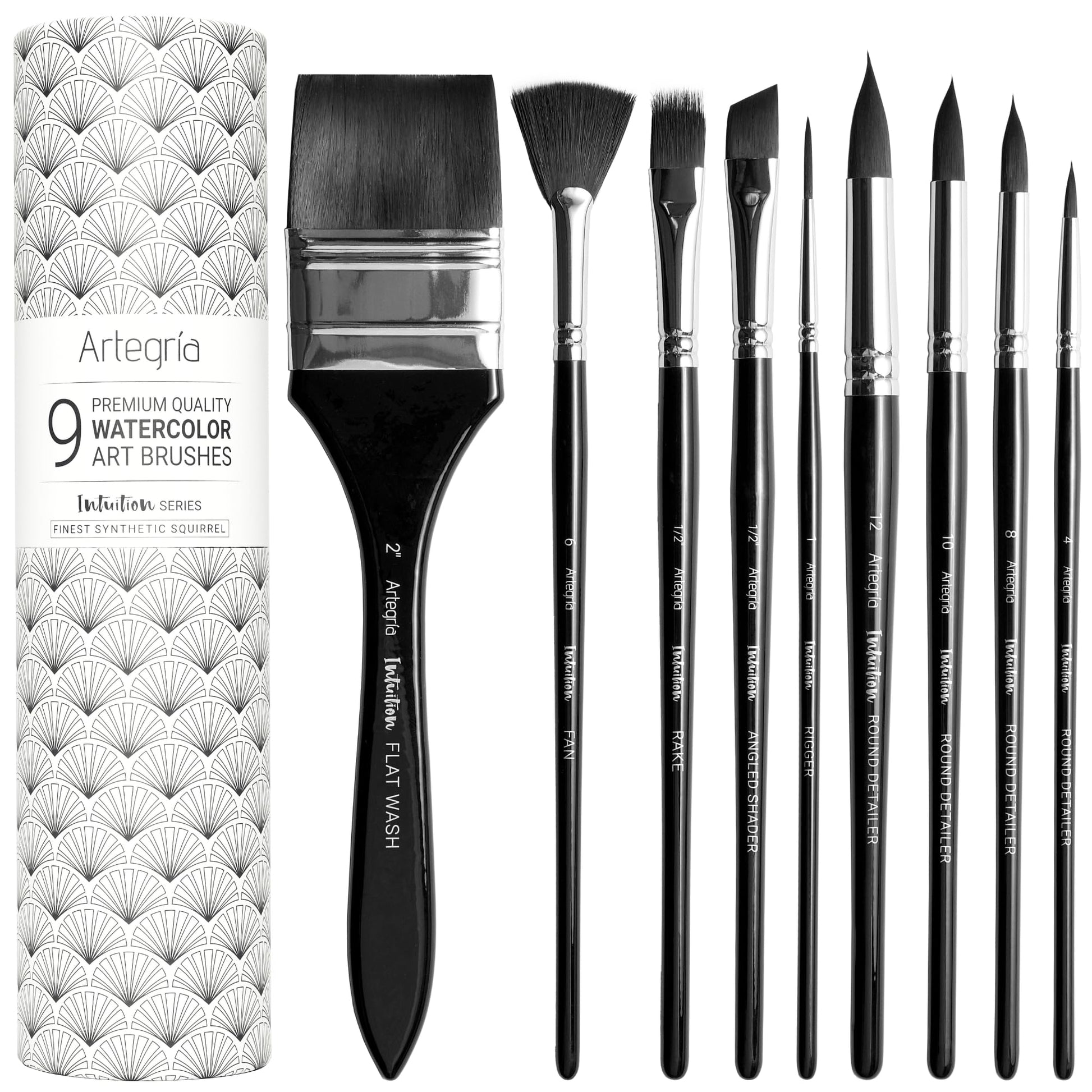 ARTEGRIA Watercolor Brush Set, 9 Soft Synthetic Squirrel Brushes