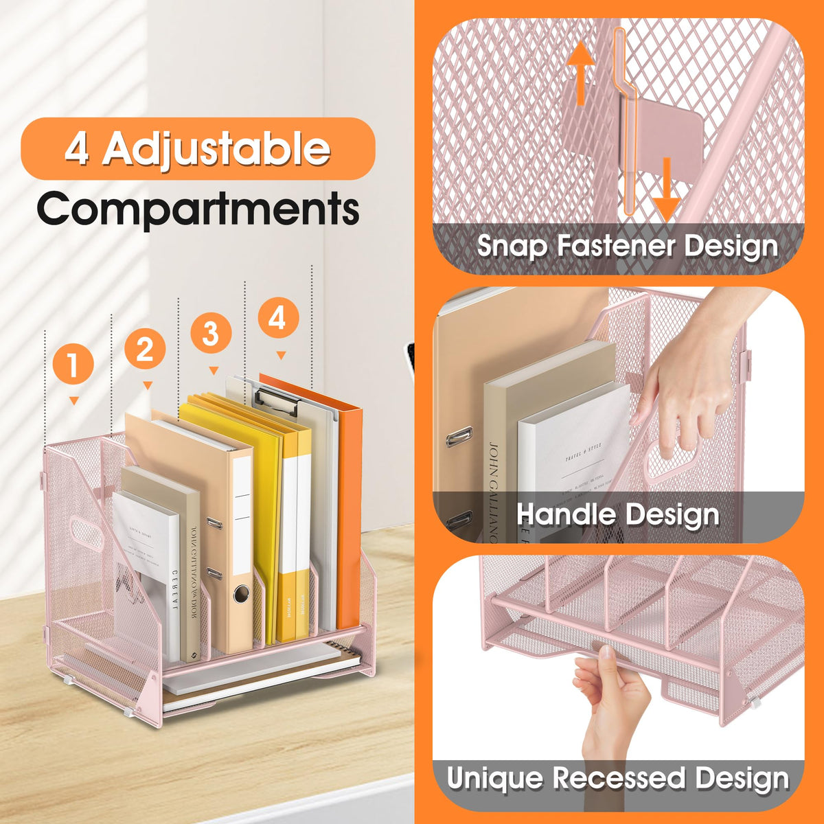 OrgMate 4 Vertical Mesh Desk Organizer with Paper Letter Tray, Pink
