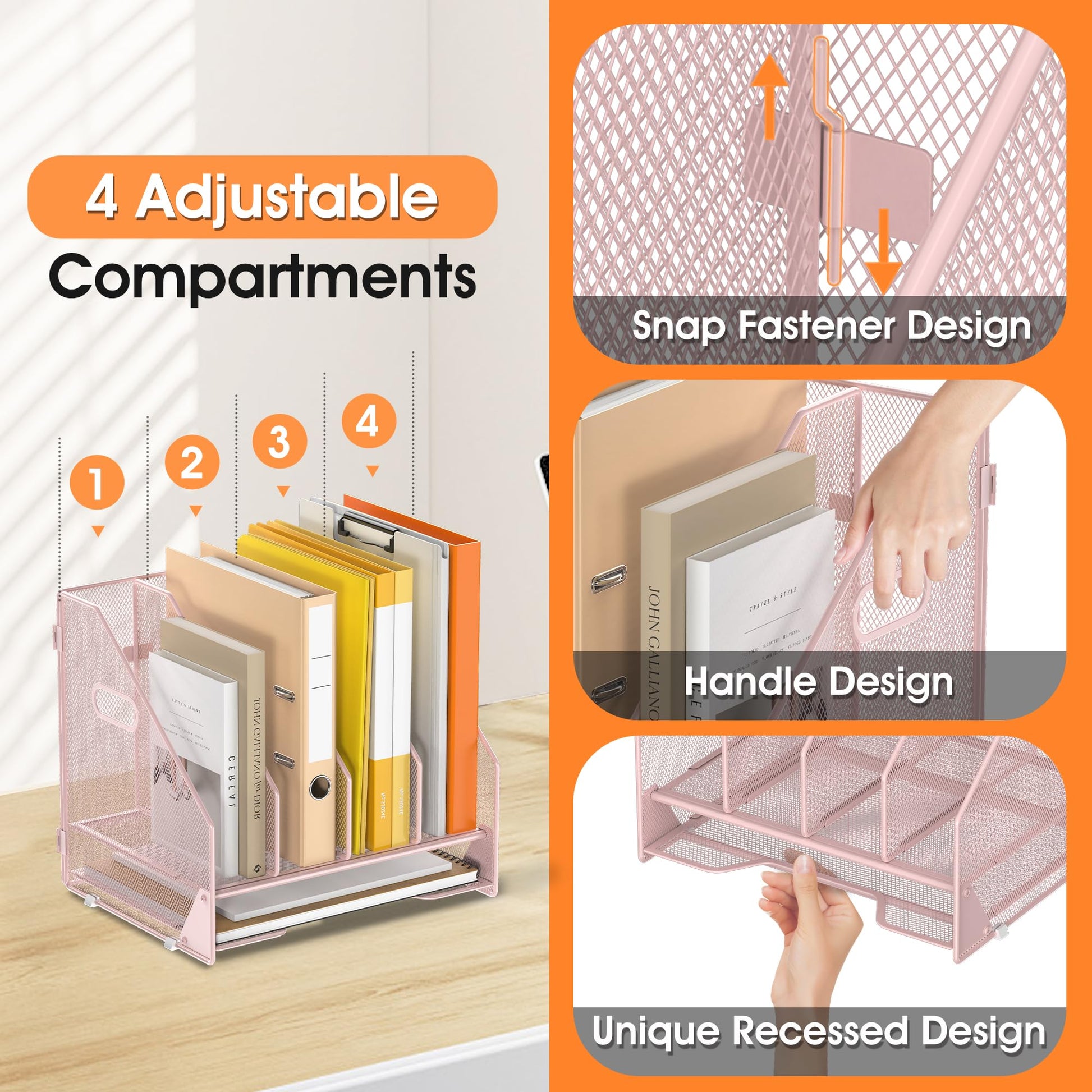 OrgMate 4 Vertical Mesh Desk Organizer with Paper Letter Tray, Pink