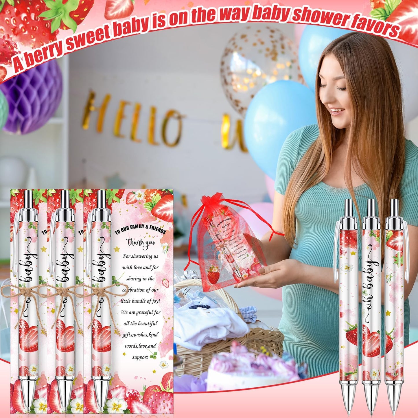 EYNDYN 145 Pieces Strawberry Baby Shower Favors for Guest Berry Sweet Baby Ballpoint Pens and
