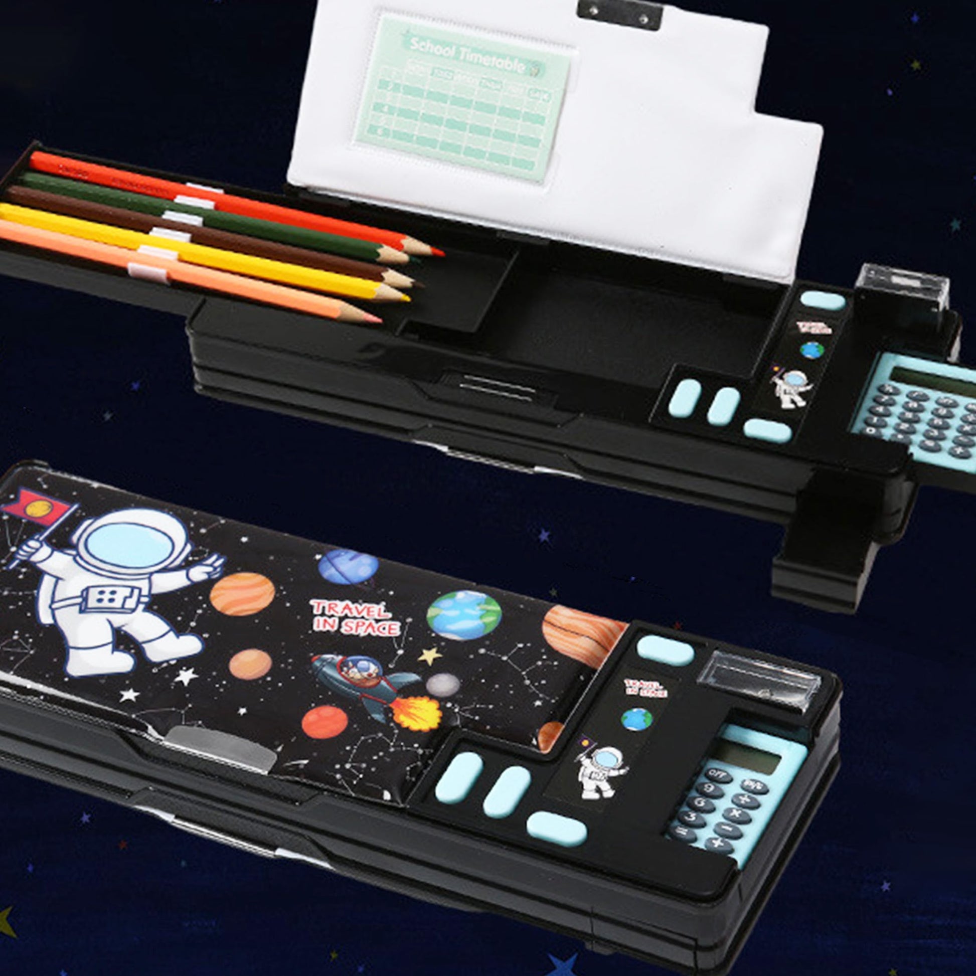 Pop Up Multifunction Pencil Case, Cute Cartoon Pen Box Organizer Stationery with Calculators