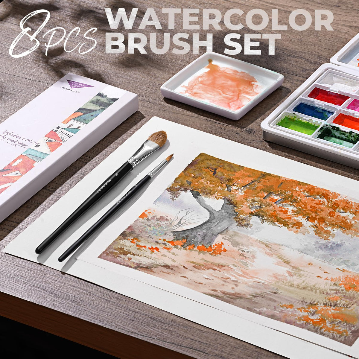 Watercolor Brushes Professional, Fuumuui 8Pcs Sable Paint Brush Set Variety Shapes with Flat, Round