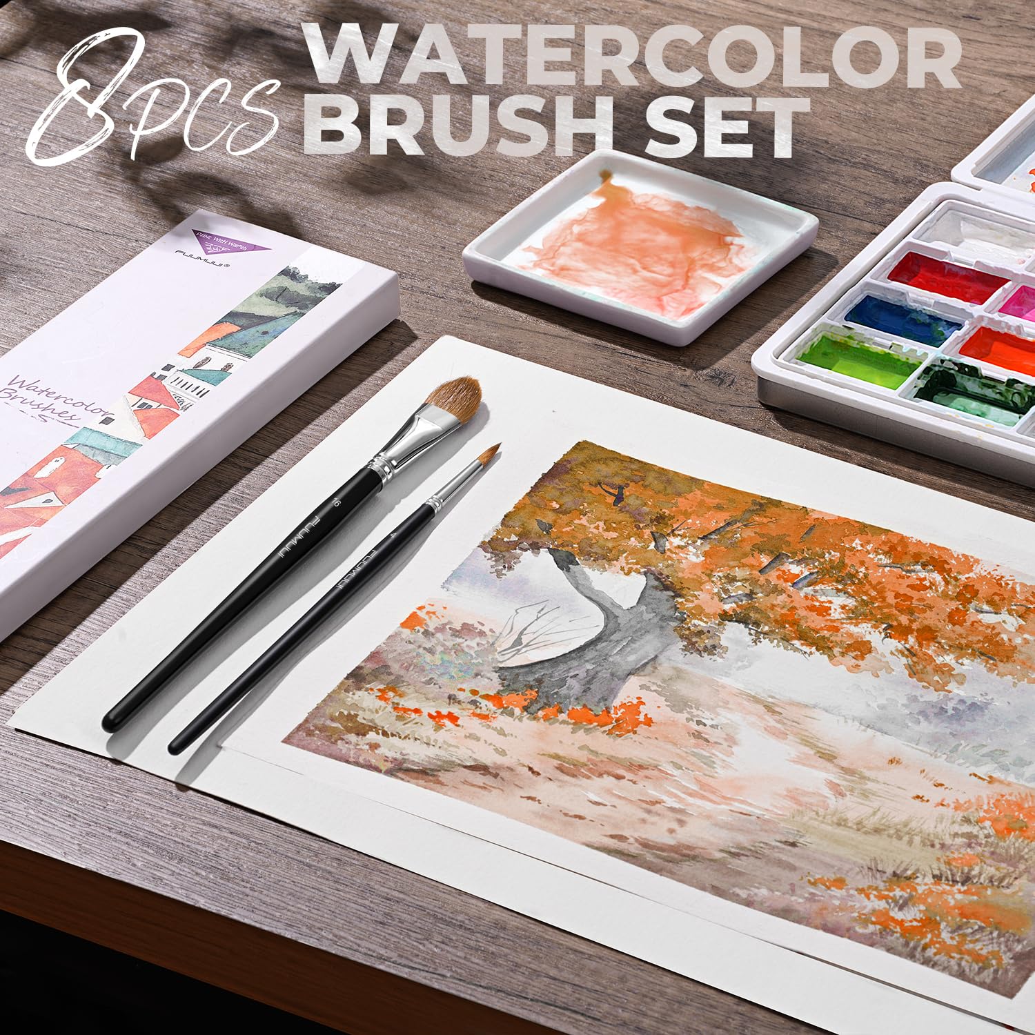 Watercolor Brushes Professional, Fuumuui 8Pcs Sable Paint Brush Set Variety Shapes with Flat, Round