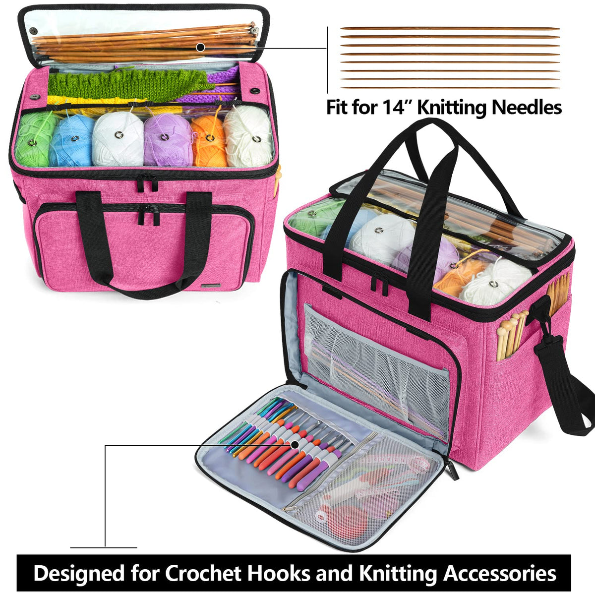 Teamoy Knitting Bag, Yarn Storage Organizer Crochet Bag Tote, Pink