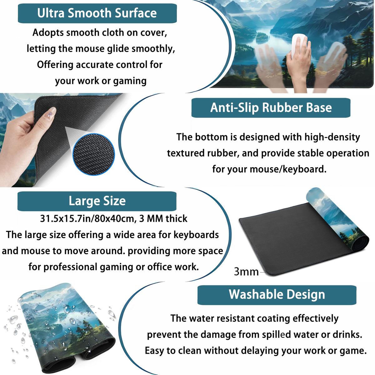 Aesthetic Mountain Vista Desk Mat, Blue Natural Wonder XXL Large Extended Gaming Mouse Pad Mat