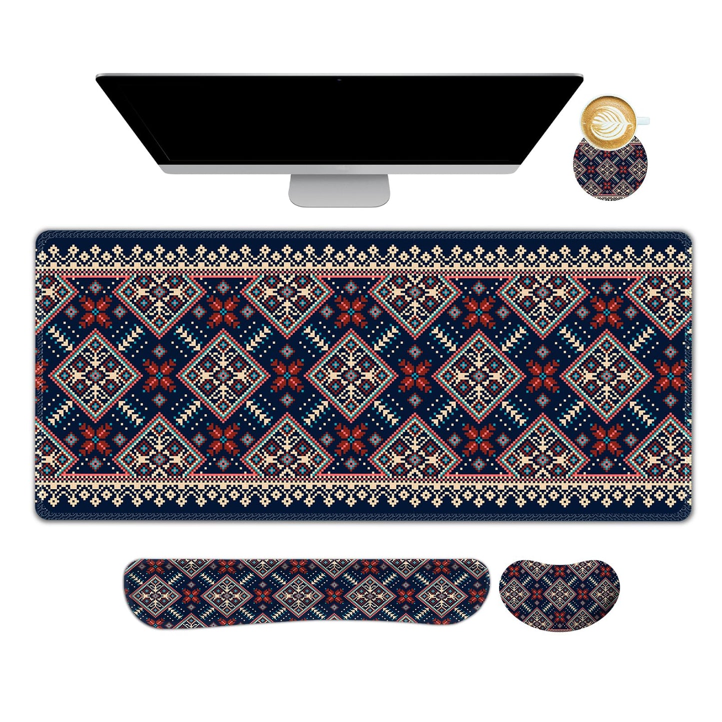 AIMSA Desk Mat Set Bohemian, Large Mouse Pad + Mouse Wrist Rest + Keyboard Wrist Support + Coaster