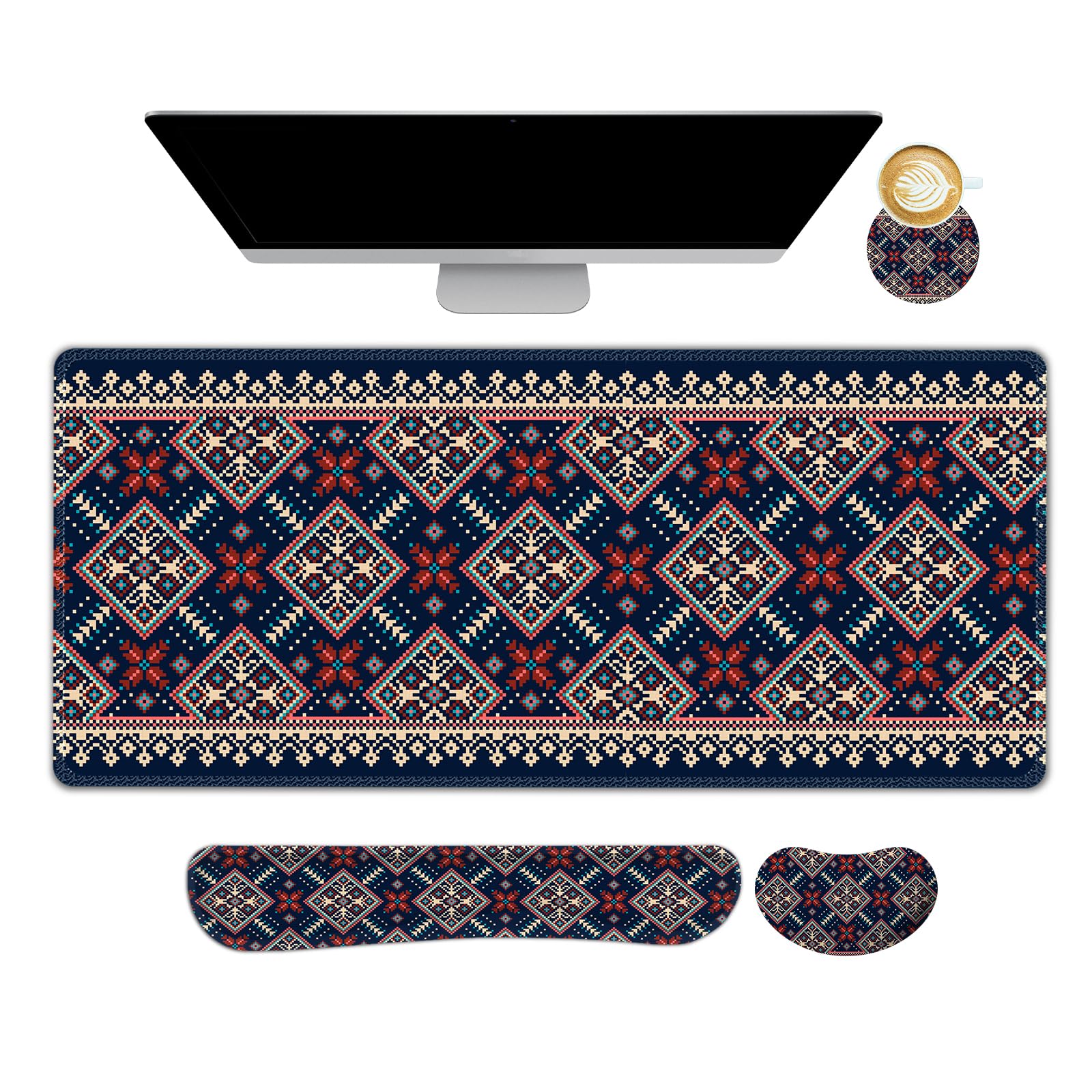 AIMSA Desk Mat Set Bohemian, Large Mouse Pad + Mouse Wrist Rest + Keyboard Wrist Support + Coaster