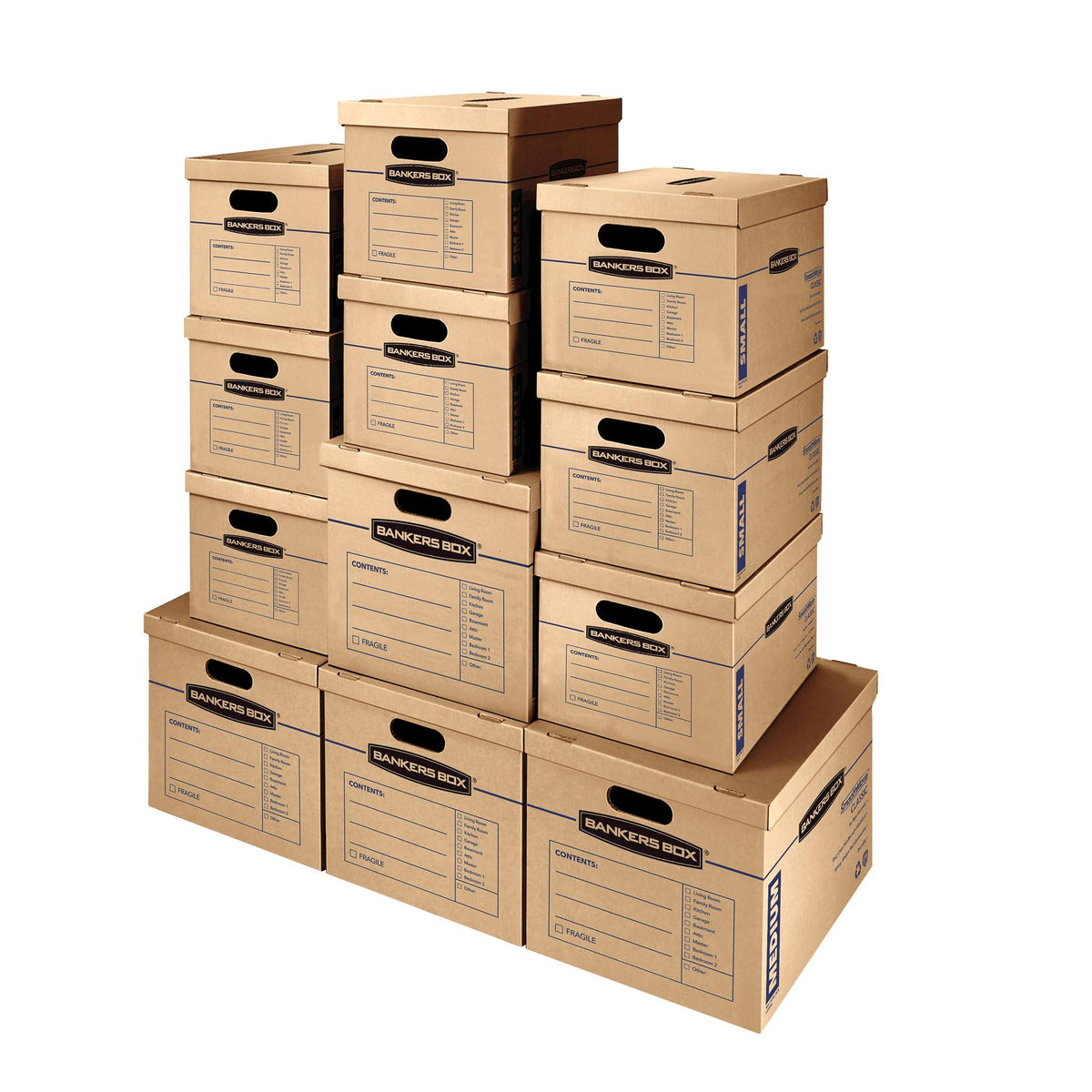 Bankers Box Classic Moving Box 12 Pack Kit, Reinforced Handles, Tape-Free Assembly, Box with Lid, 8