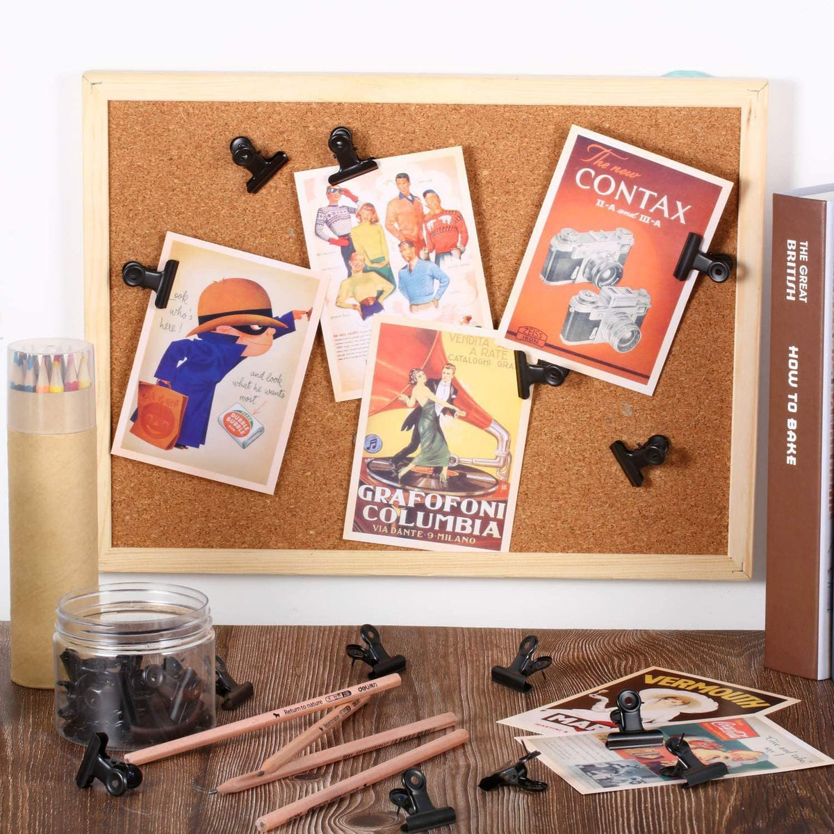 30 Pack Push Pins with Bulldog Clips, Black, 1.2" Metal No Hole Thumb Tacks for Cork Board Bulletin