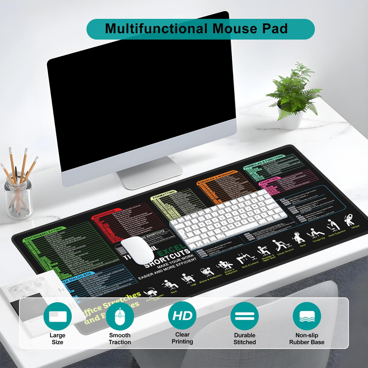 TIDALSOIL XXL Excel Shortcut Mouse Pad, Oversize Mat with Stretch Guide