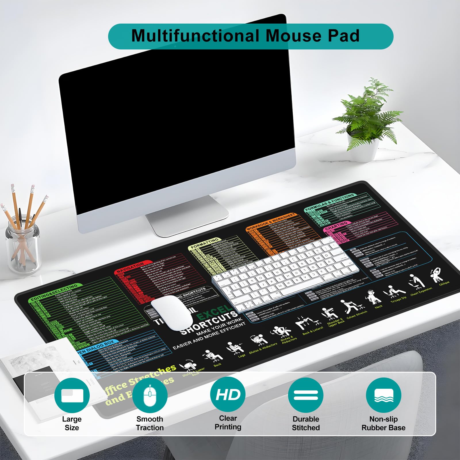 TIDALSOIL XXL Excel Shortcut Mouse Pad, Oversize Mat with Stretch Guide