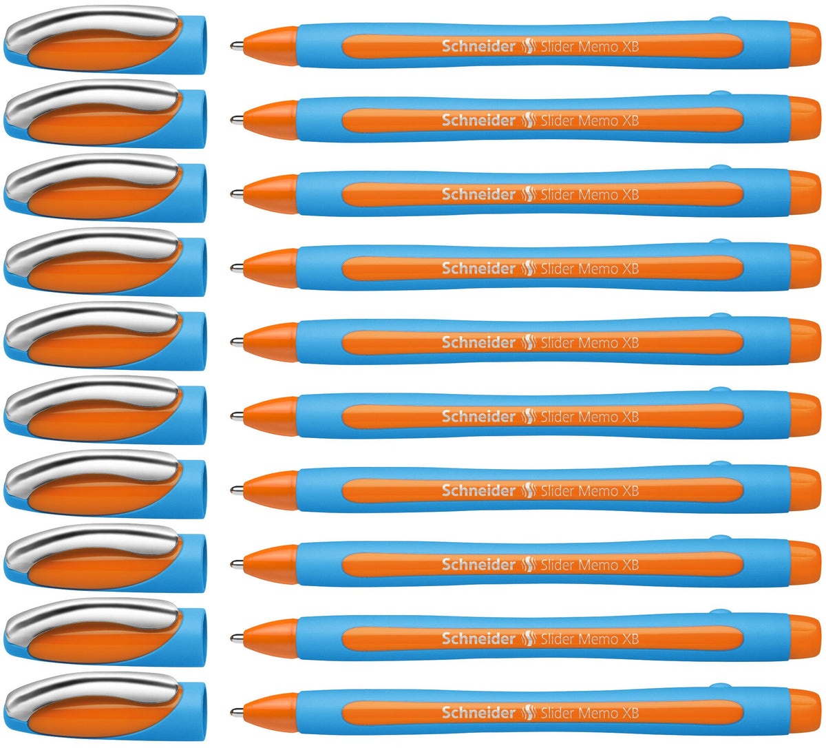 Schneider Slider Memo XB (Extra Broad) Ballpoint Pen, 1.4 mm, Light Blue Barrel, Orange Ink, Box of
