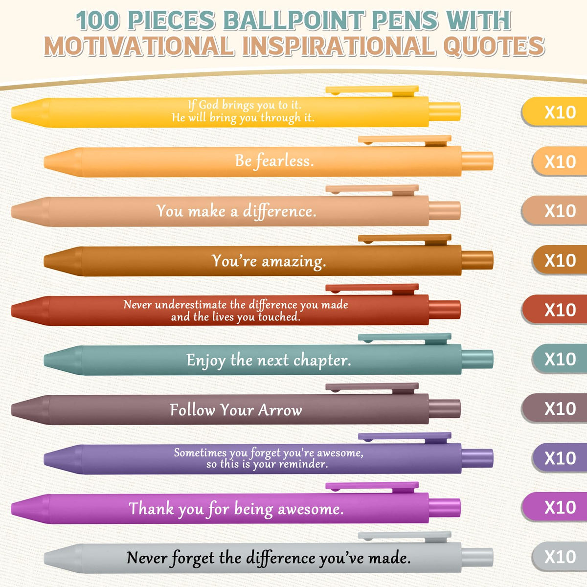 Teling 100 Pcs Inspirational Pens Bulk, Morandi Colors, Classic Style