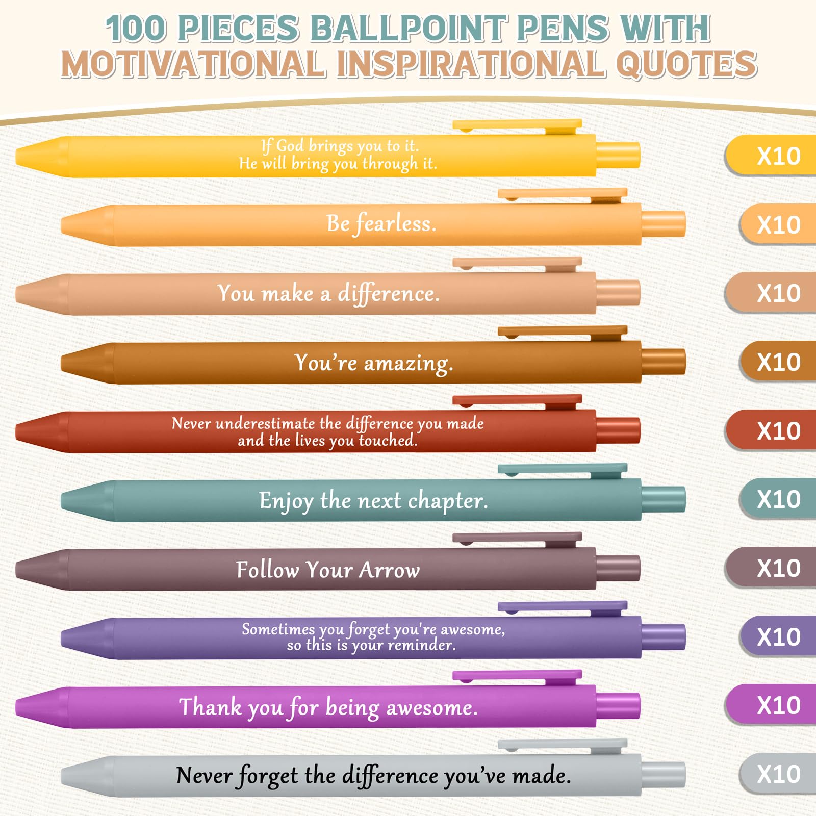 Teling 100 Pcs Inspirational Pens Bulk, Morandi Colors, Classic Style