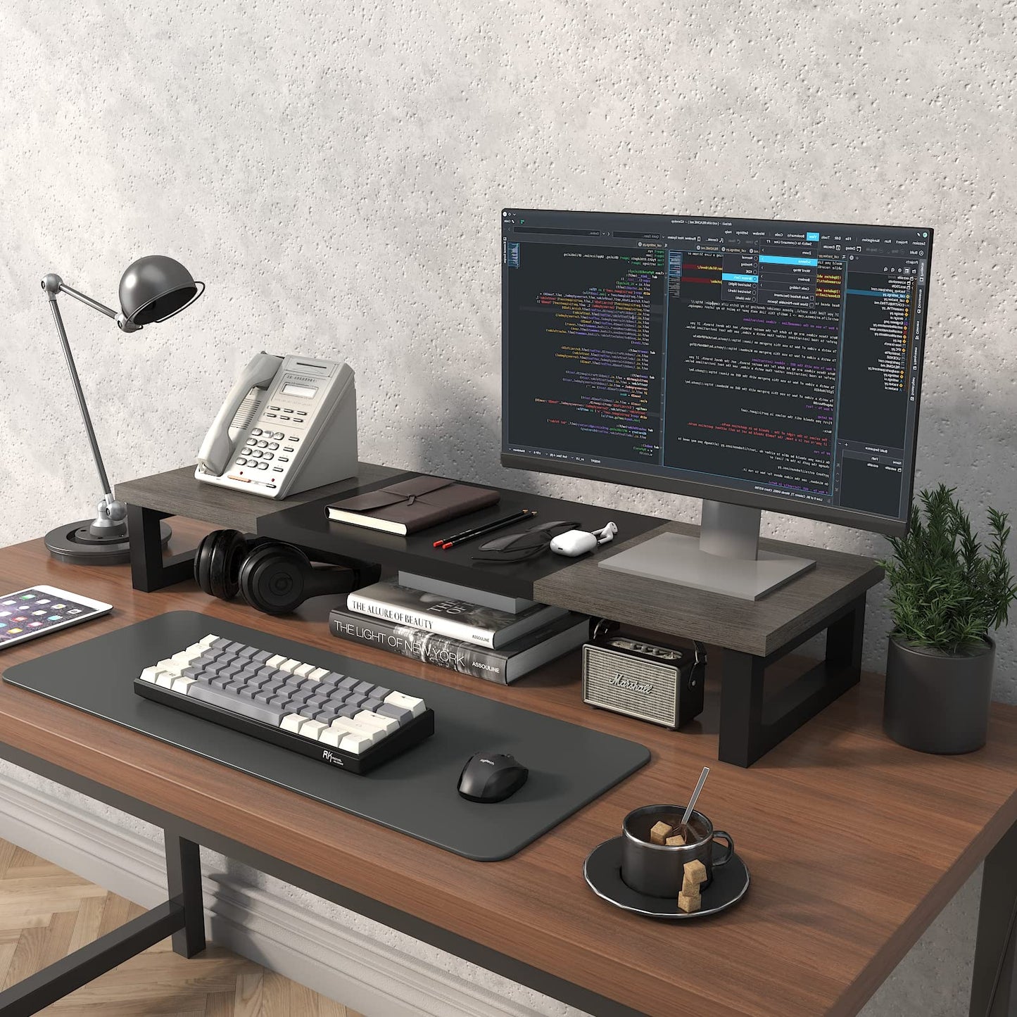 WESTREE Dual Monitor Stand Riser, Wood and Steel Monitor Stand Riser, Computer Monitor Stand for 2