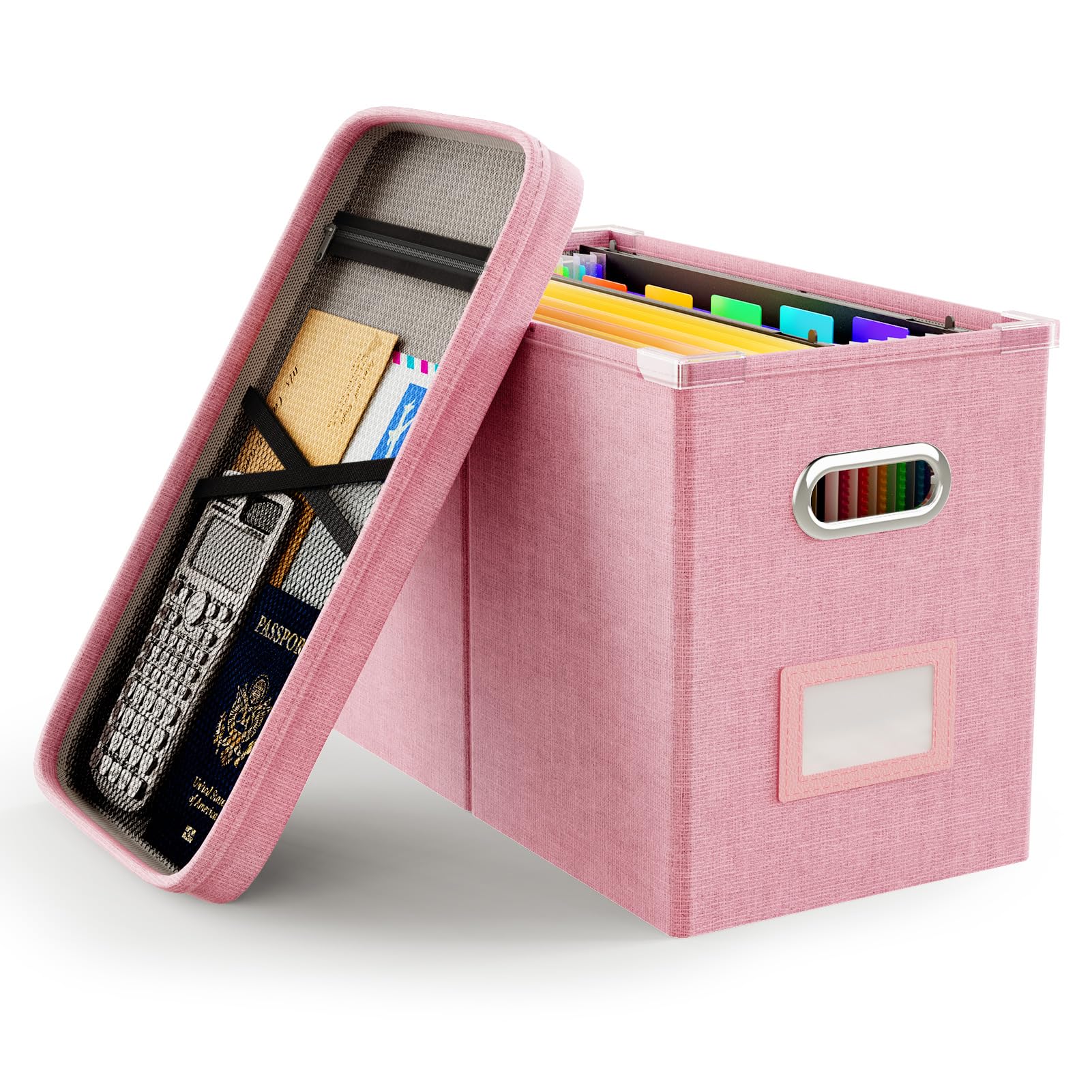 Oterri File Organizer Box with Lid, Hanging Filing File Box with Mesh Pocket, Document Organizer