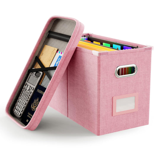 Oterri File Organizer Box with Lid, Hanging Filing File Box with Mesh Pocket, Document Organizer