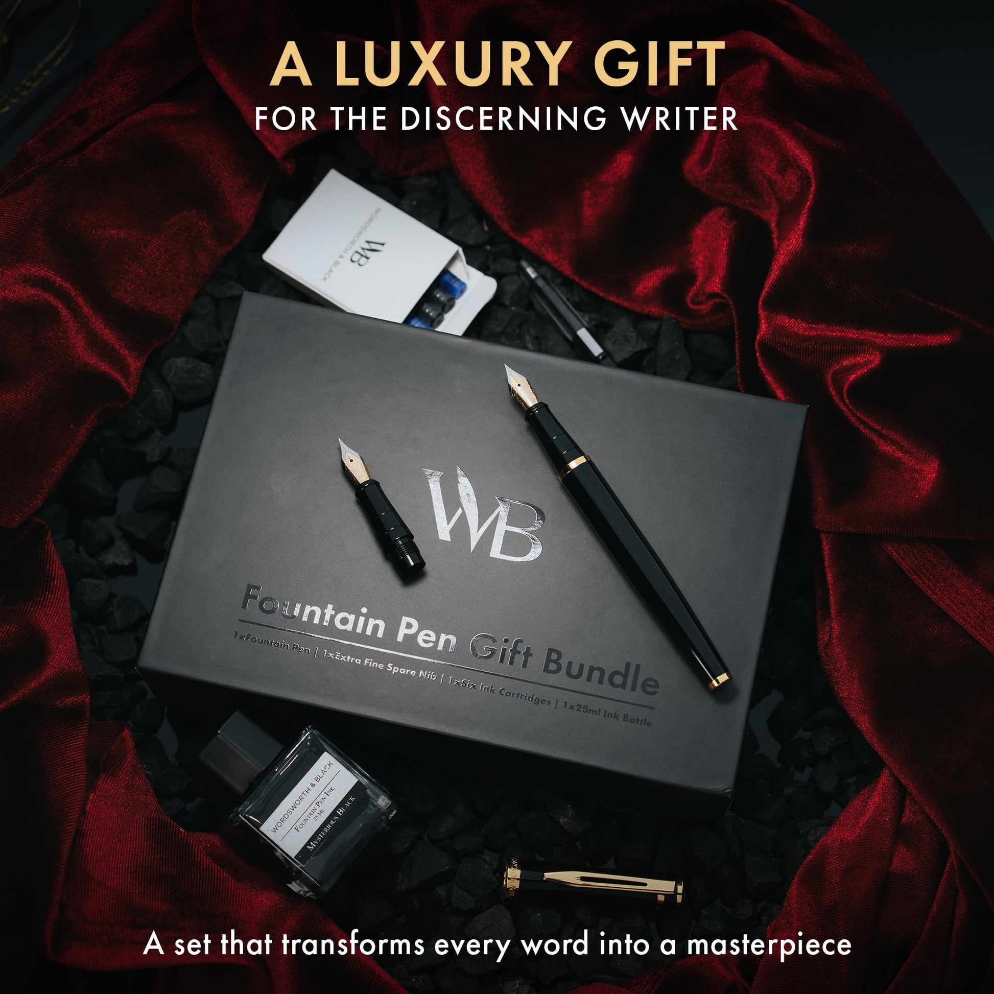 Wordsworth & Black Fountain Pen Gift Set, Medium & Extra Fine Nib, Black Gold