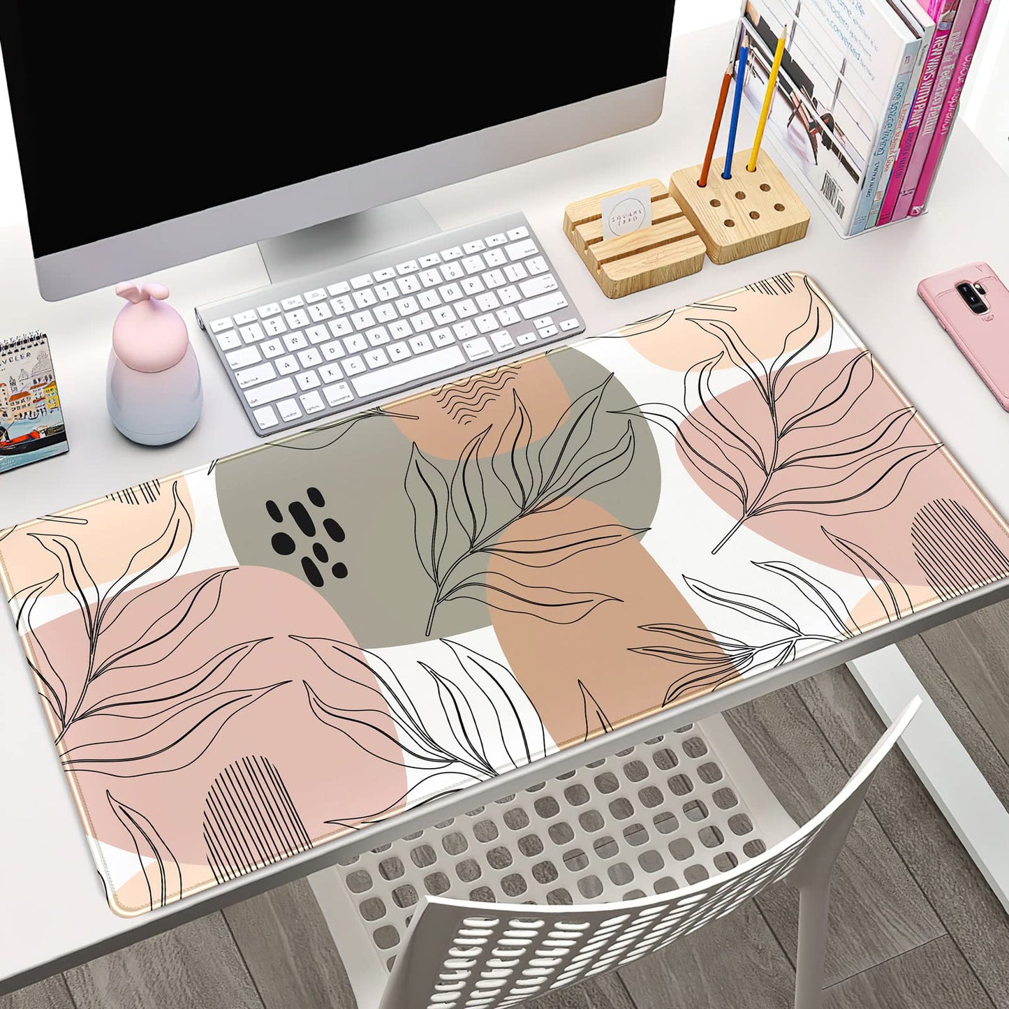 Boho Abstract Large Mouse Pad, Brown Grey Pink Aesthetic XL Mouse Pad, Gaming Mousepad XXL Long