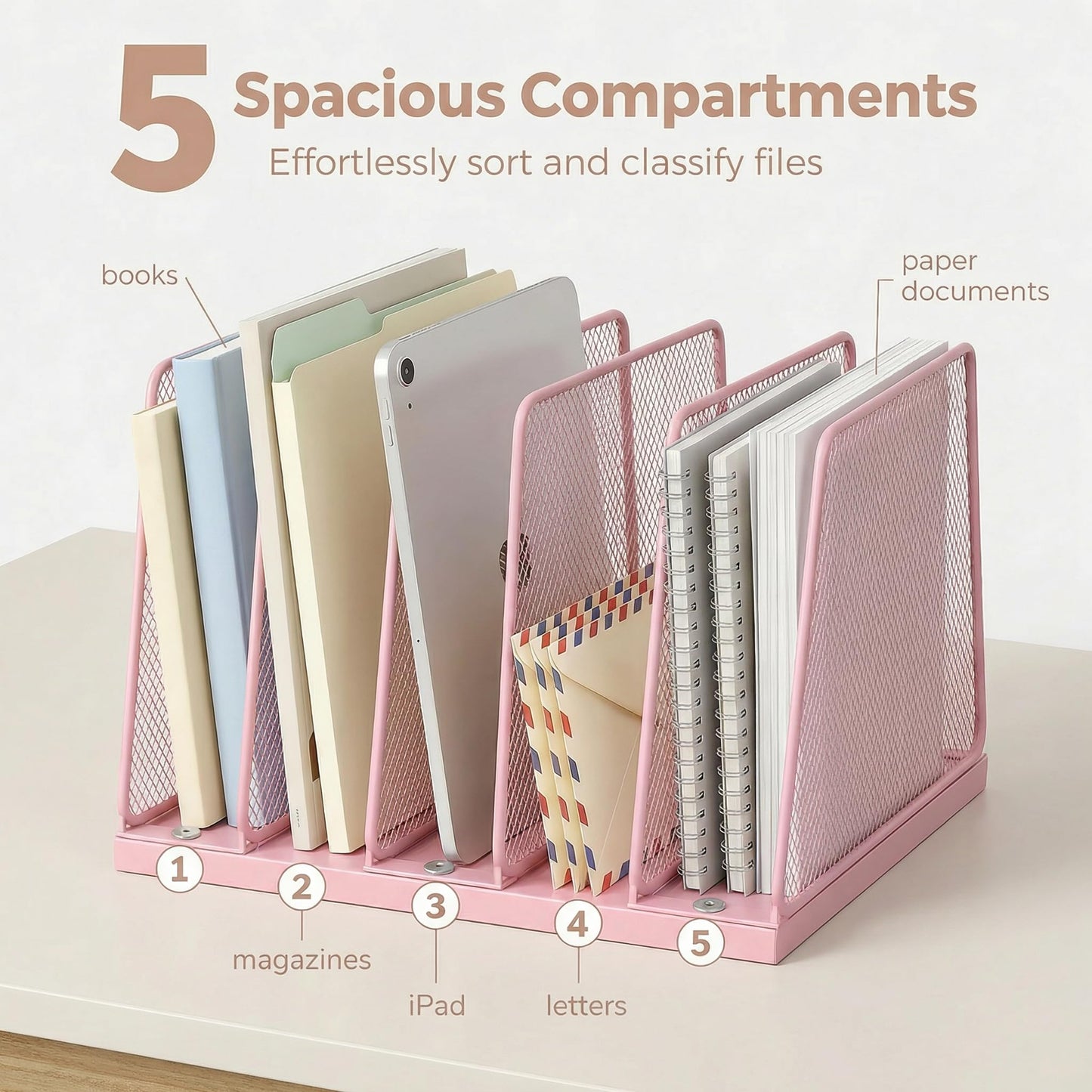 Becomrock 5-Section Vertical File Organizer for Desk, Sturdy Wood Base & Metal Mesh Desktop File