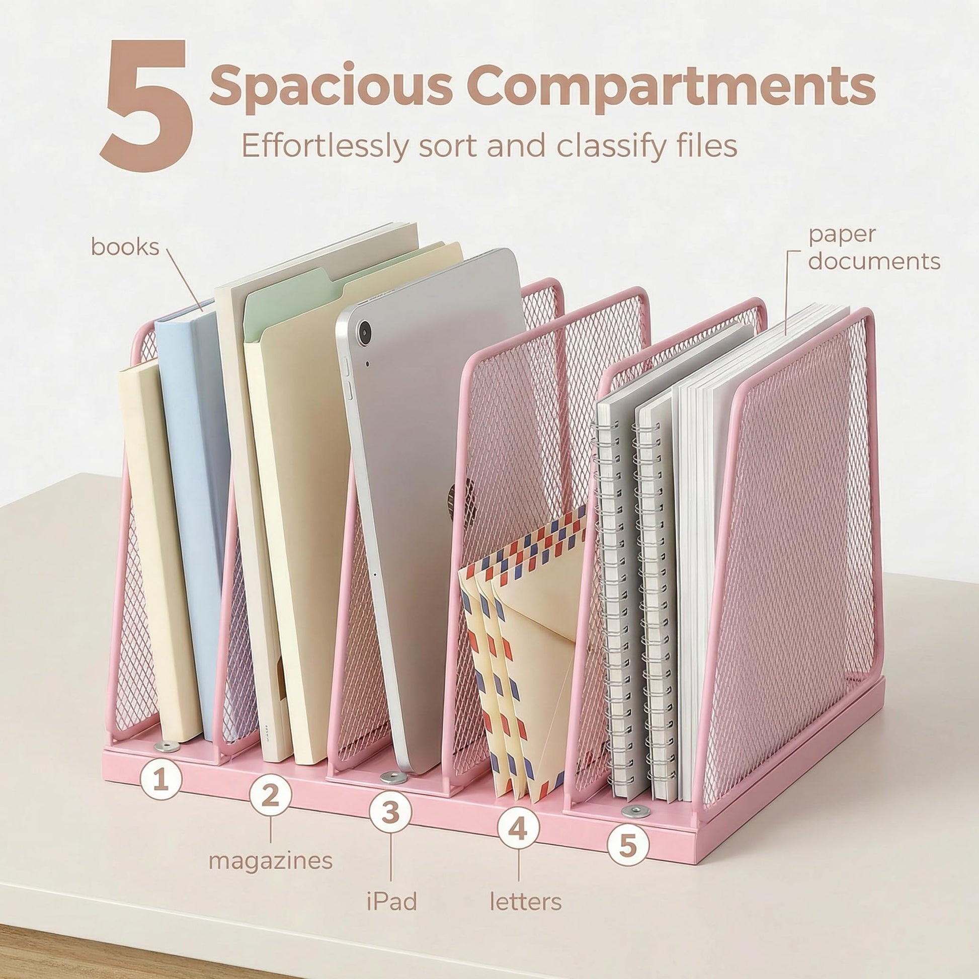 Becomrock 5-Section Vertical File Organizer for Desk, Sturdy Wood Base & Metal Mesh Desktop File