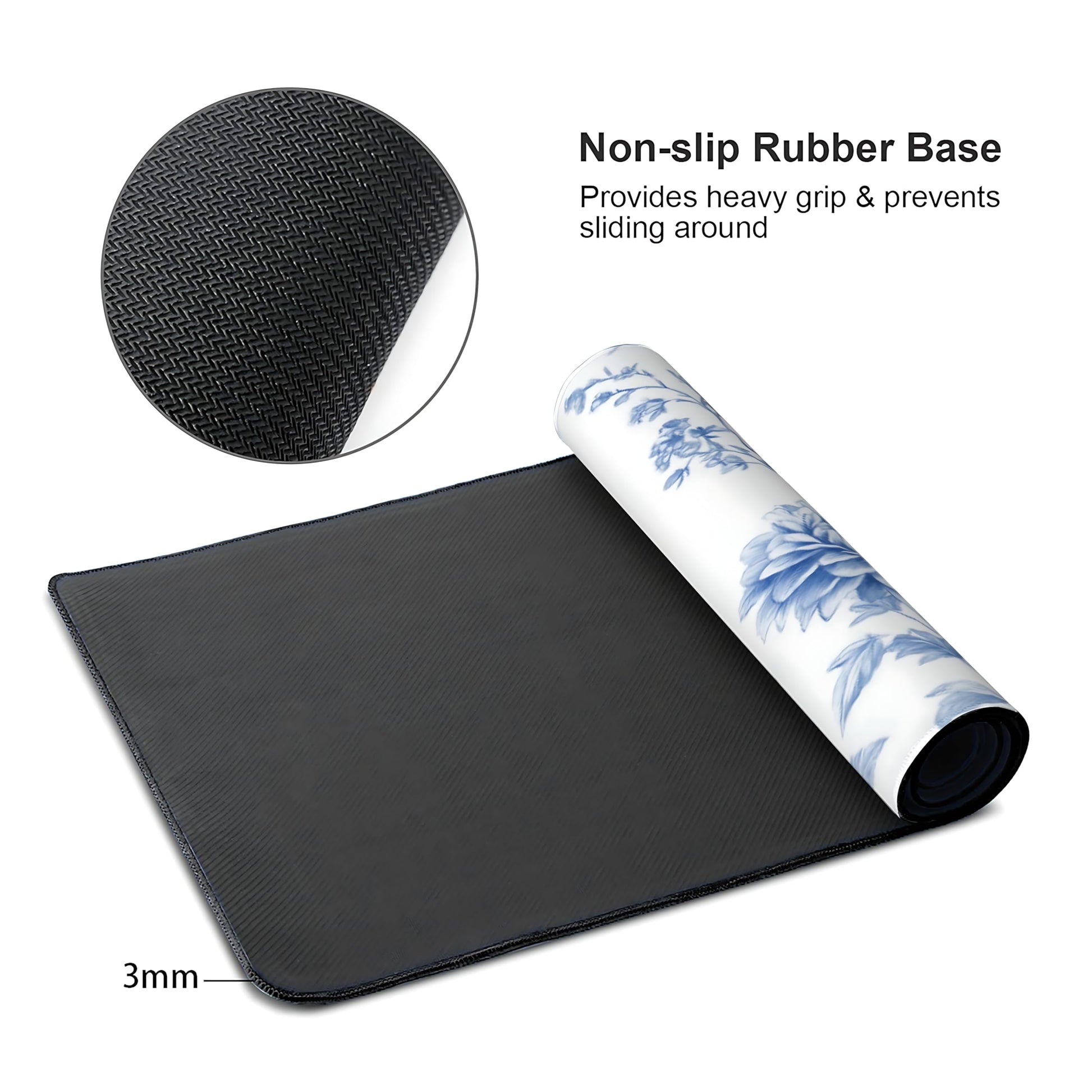 Floral Aesthetic Dahlia Gaming Mouse Pad, White Blue Chinoiserie Desk Mat with Anti-Slip Base &