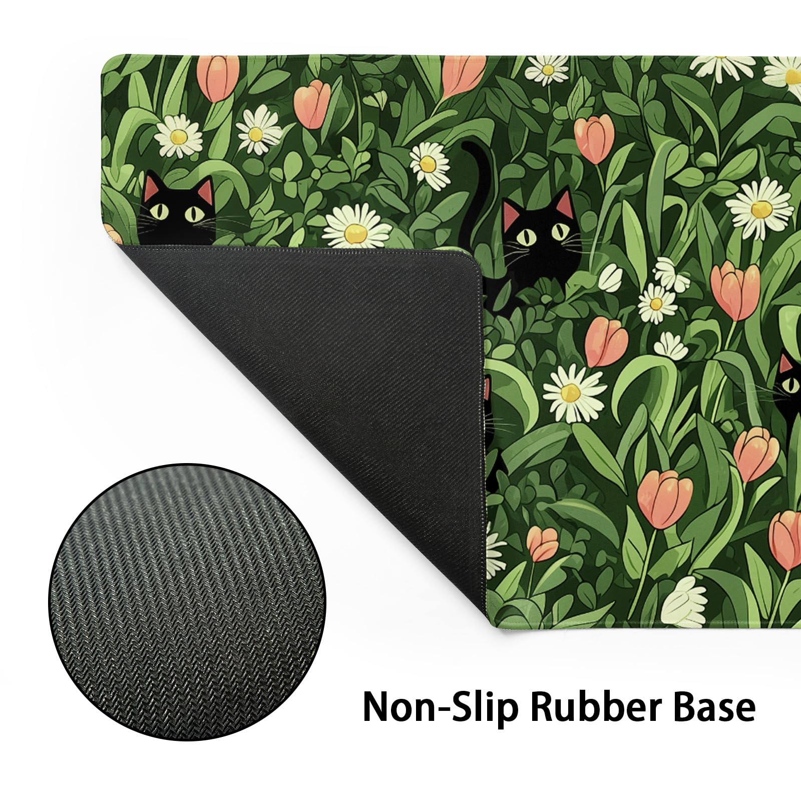 Kawaii Green Plant Gaming Mouse Pad XL Cute Black Cat Flower Cottagecore Extended Big Large Desk
