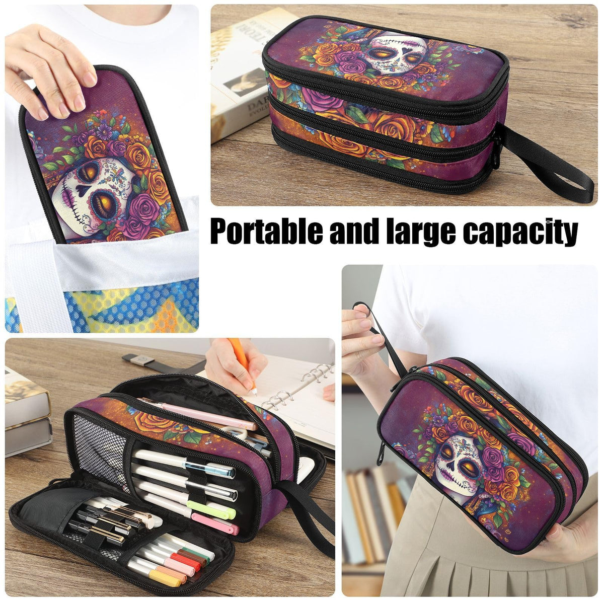 Fustylead Day Of The Dead Catrina with Roses Pencil Pen Case Stationery Bag 3 Compartments School