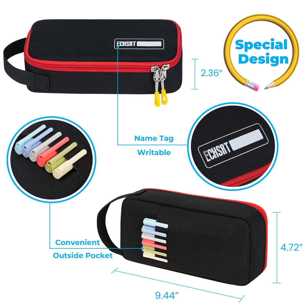 ECHSRT Large Capacity Pencil Case with Hidden Pocket, 1200D Oxford Fabric Zipper Pencil Pouch with