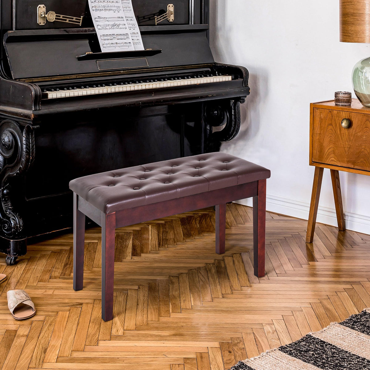 HOMCOM Piano Bench with Faux Leather Padded Cushion, Chestnut Brown