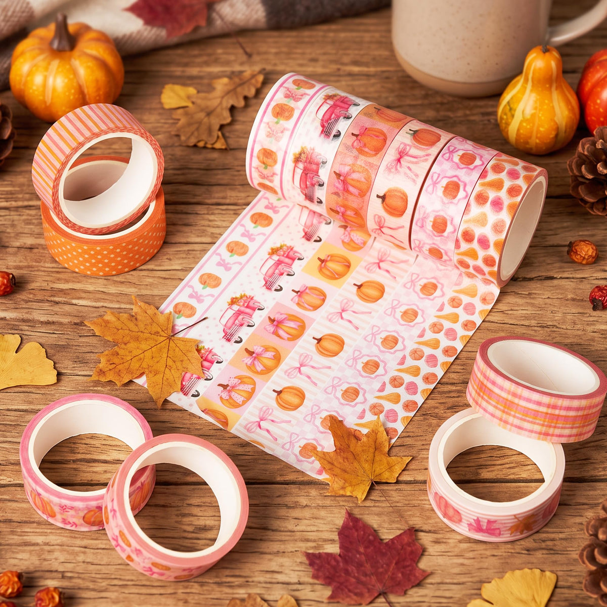 BkeeCten Fall Bow Pumpkin Washi Tape, 12 Rolls Watercolor Decorative Tape