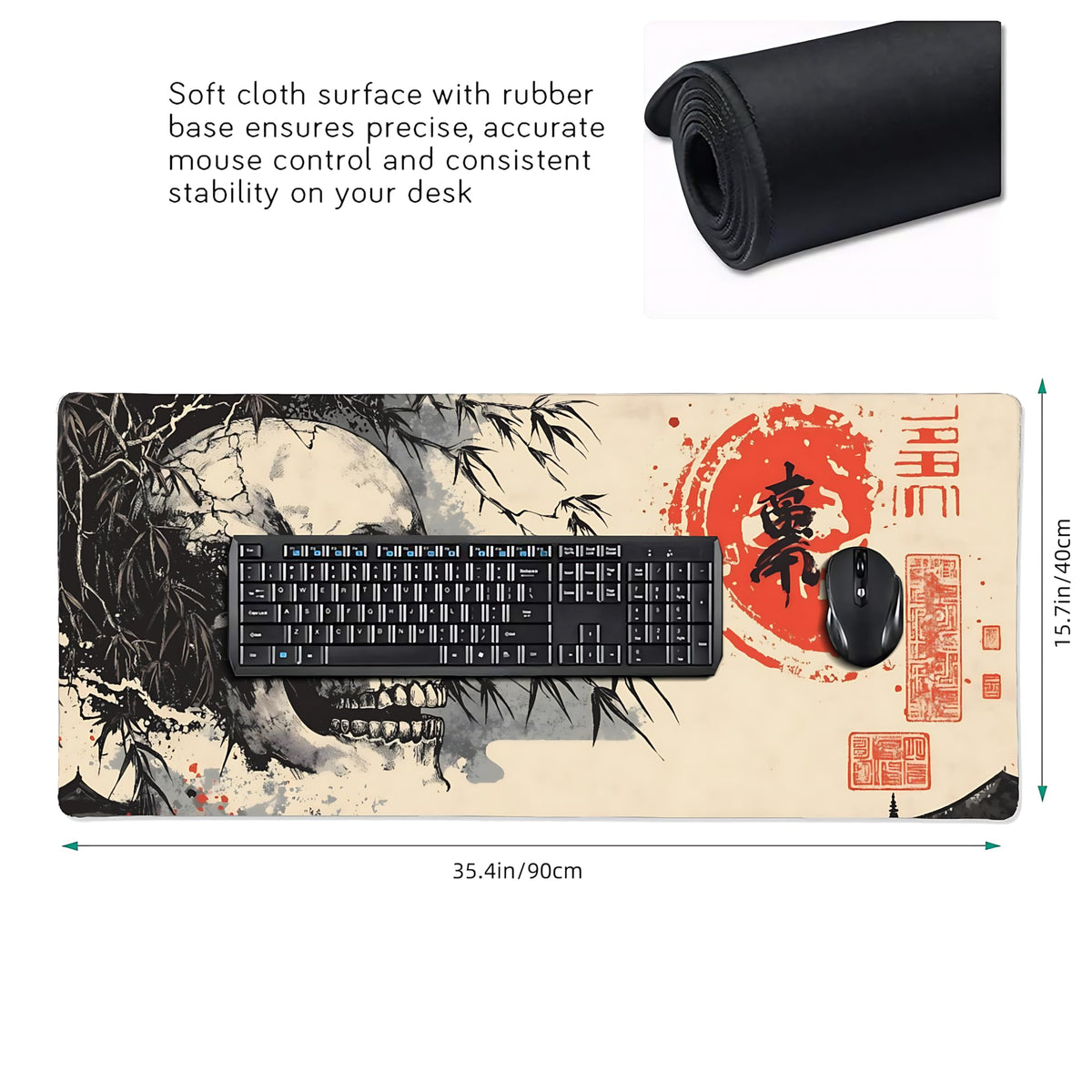 Aesthetic Skull Gaming Mouse Pad, Beige Black Japanese Desk Mat with Anti-Slip Base & Stitched