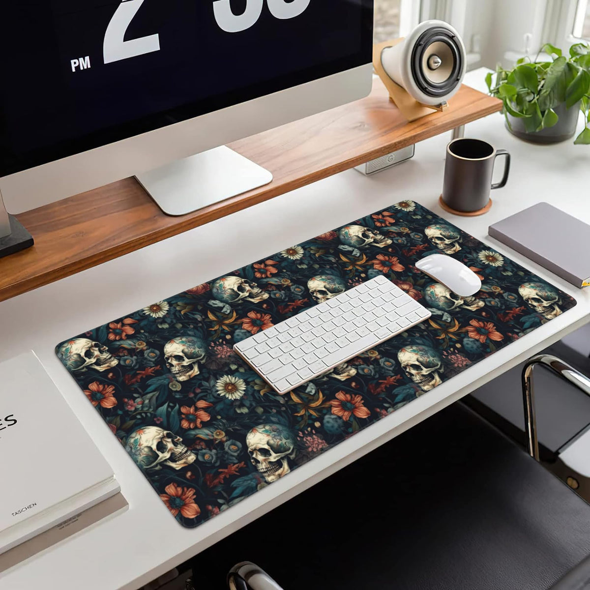 Desk Mat,Skulls with Flowers Large Gaming Mouse Pad for Desk XXL,Skull Floral Desk Pad for