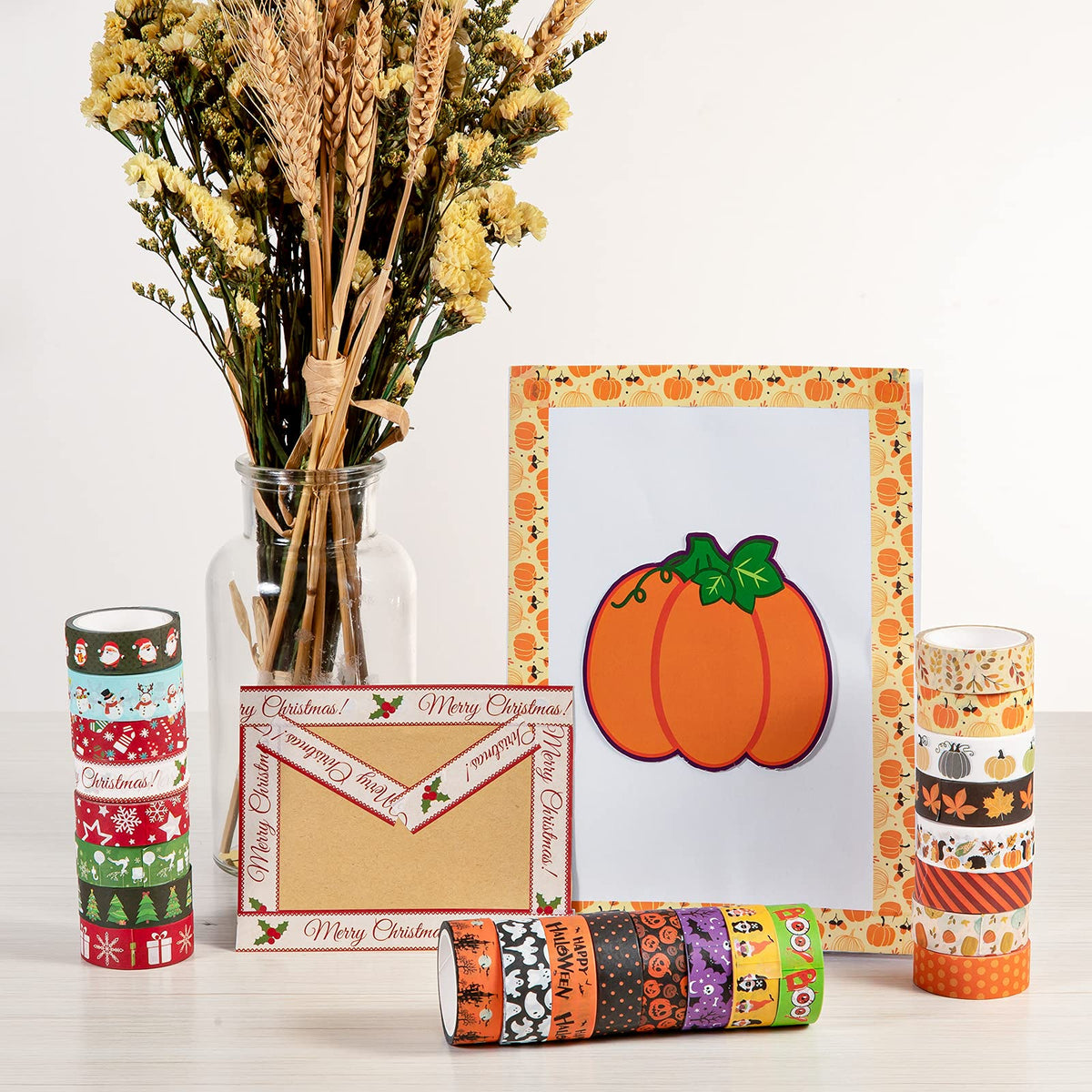 Whaline 24 Rolls Fall Halloween Christmas Washi Tape 3 Holidays Masking Tape Leaves Pumpkin Ghost