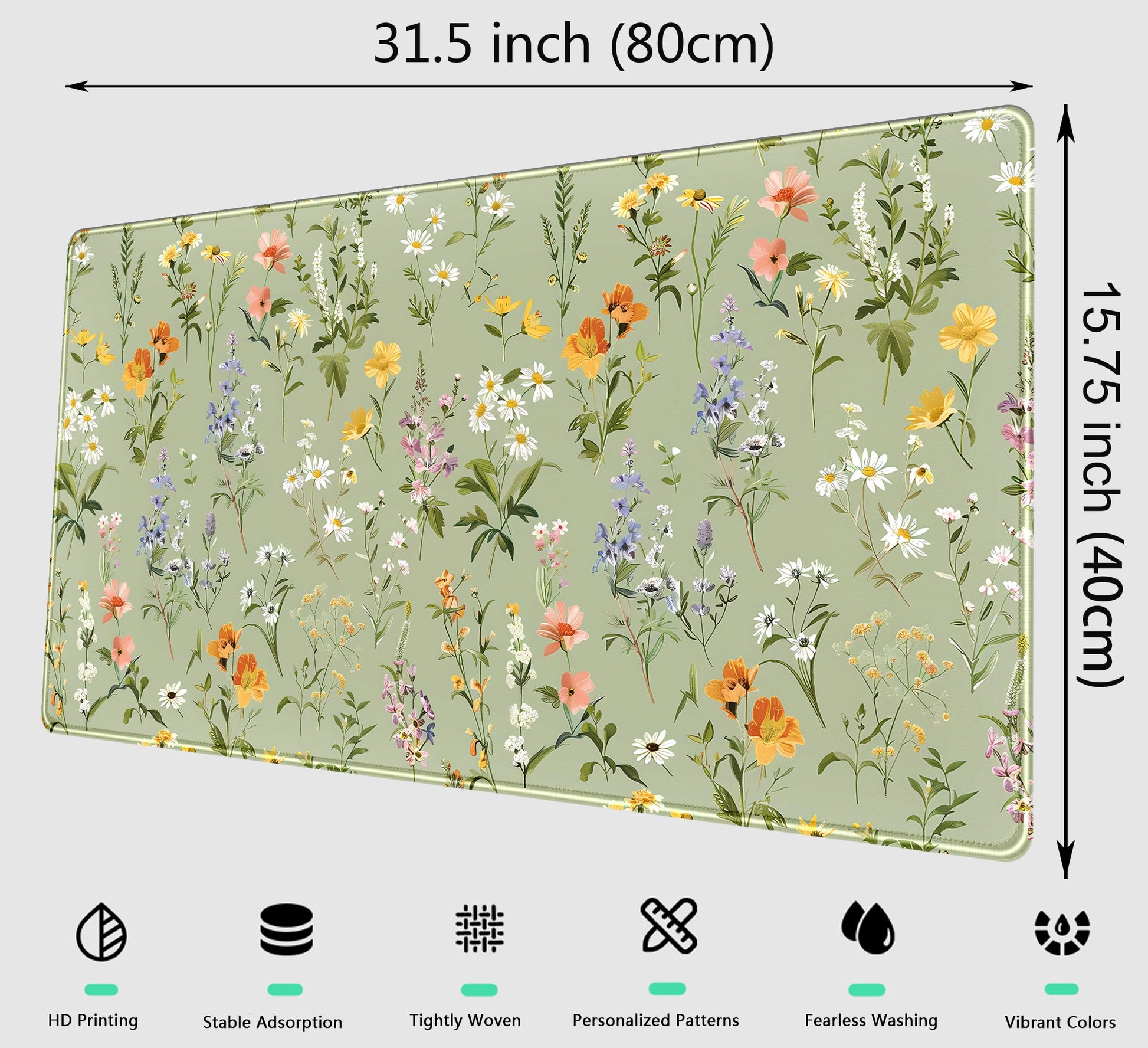 Cute Green Large Gaming Mouse Pad XXL Mousepad Sage Desk Mat with Stitched Edges, Aesthetic