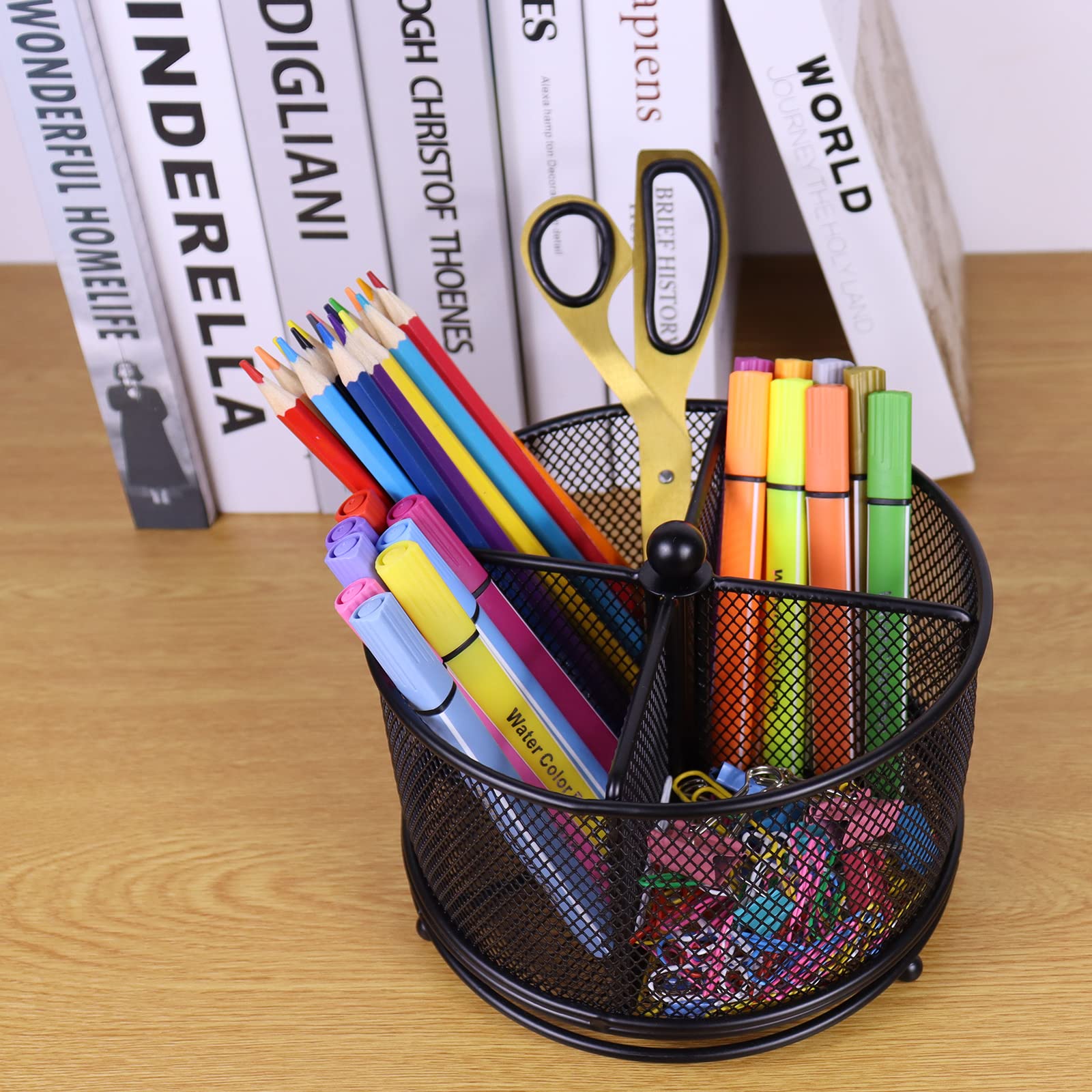 Flytreal Pen Holder for Desk, 360 Rotating Mesh Pencil Organizer Marker Storage Caddy, Black Large