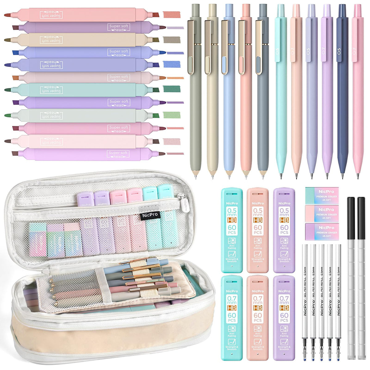 Nicpro School Supplies Stationary Set with Pencil Case, 39 PCS Cream