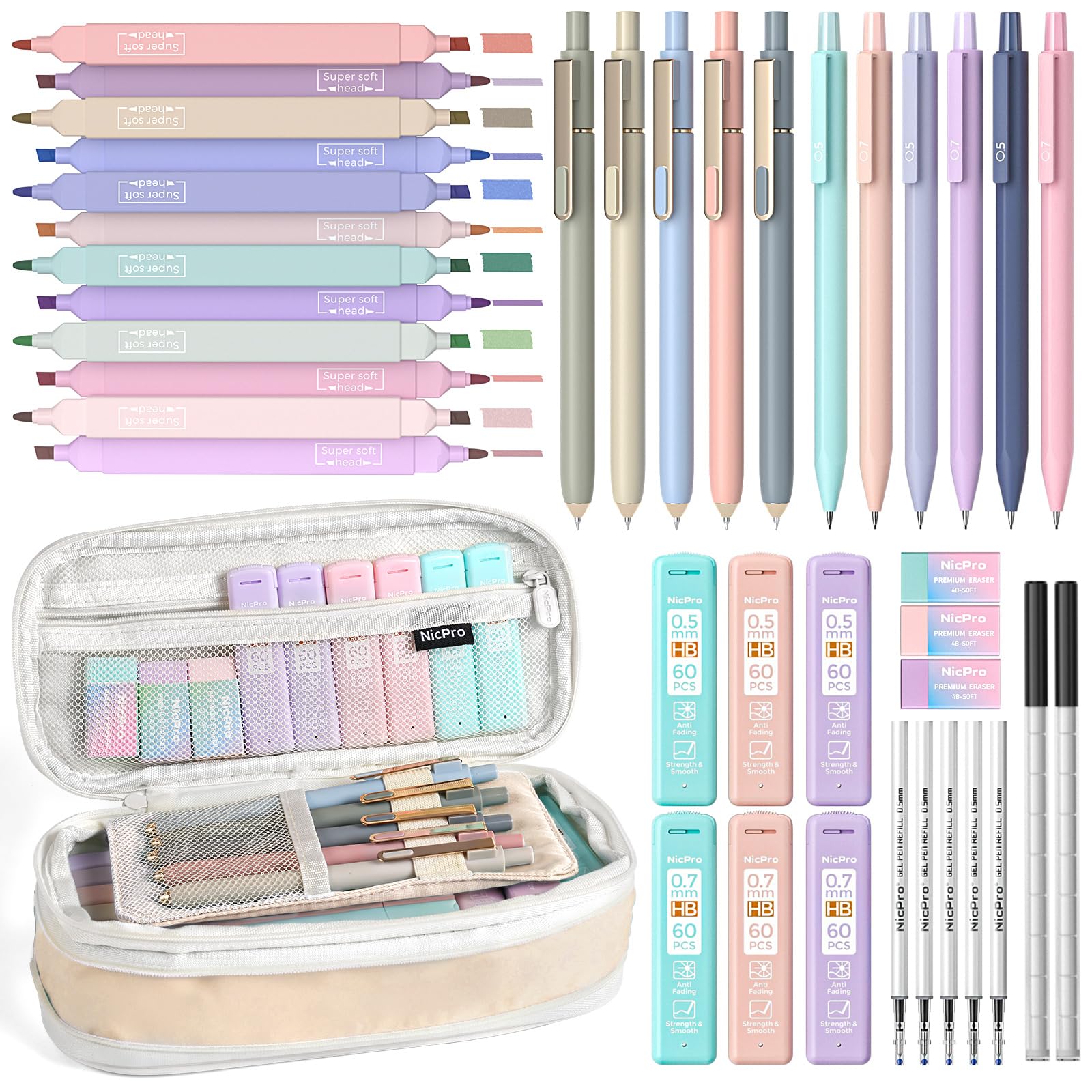 Nicpro School Supplies Stationary Set with Pencil Case, 39 PCS Cream